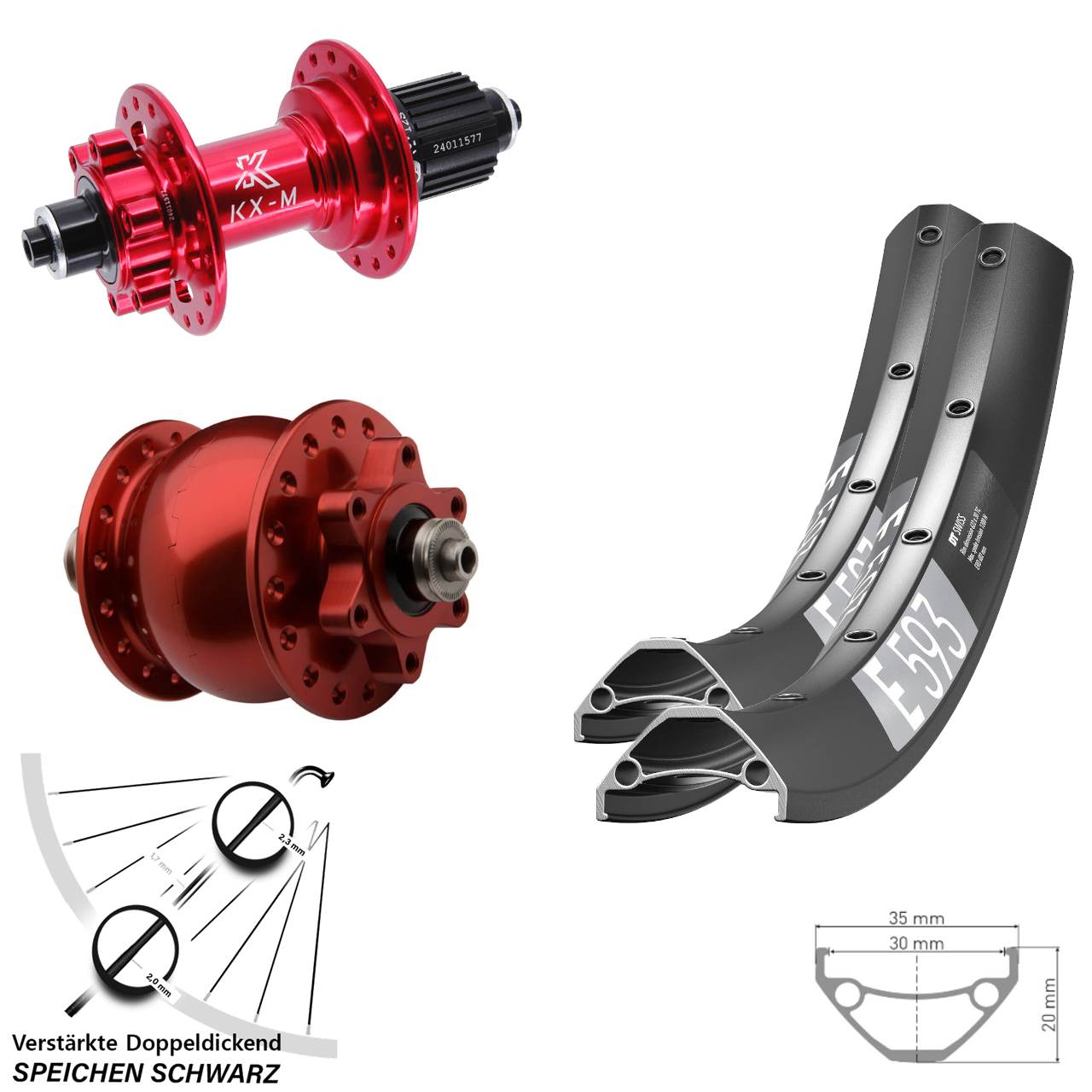 DT Swiss E 593 KX-M rot SON 28 rot 29 Zoll Laufradsatz 6-Loch QR Shimano Micro Spline