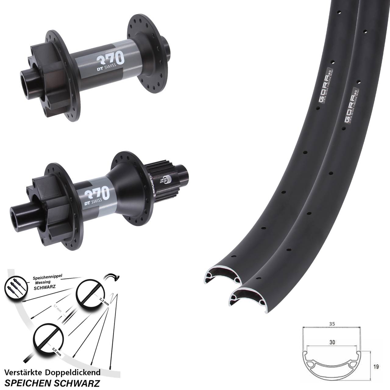 Gora 30 DT Swiss 370 26 Zoll 6-Loch Laufradsatz 15x110 12x148 Shimano Micro Spline