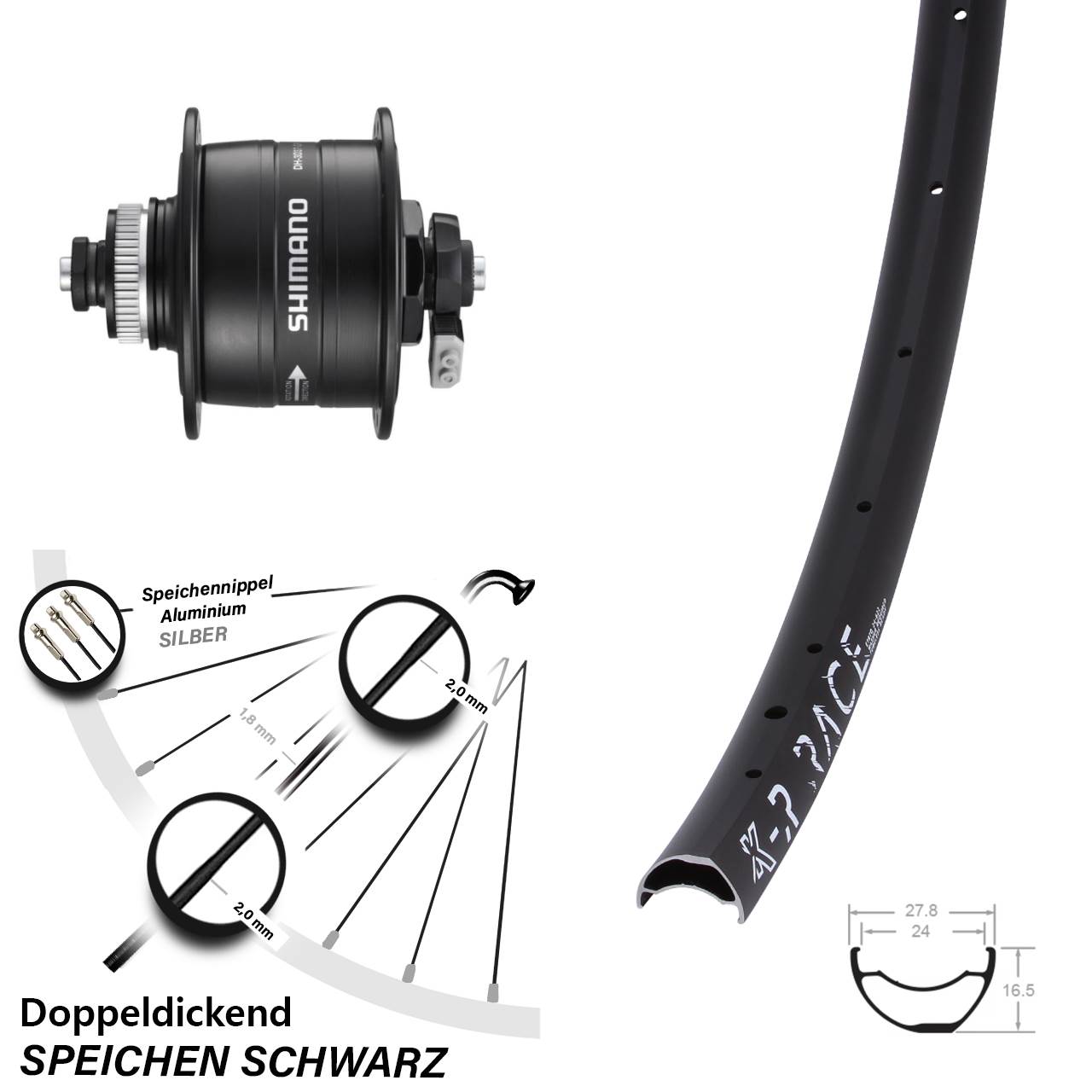 29 Zoll KX-R Race Shimano DH-3D37 Centerlock Vorderrad mit Nabendynamo für Schnellspanner