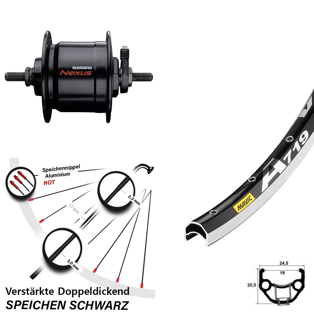 28 Zoll Mavic A 719 Shimano DH-C3000-3N Vorderrad mit Nabendynamo Vollachse