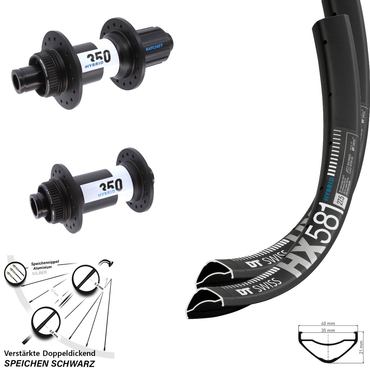 Laufrad-Satz 27,5 Zoll HX581 DT Swiss Hybrid 350 8-11 fach HG 15x110 12x148 Boost