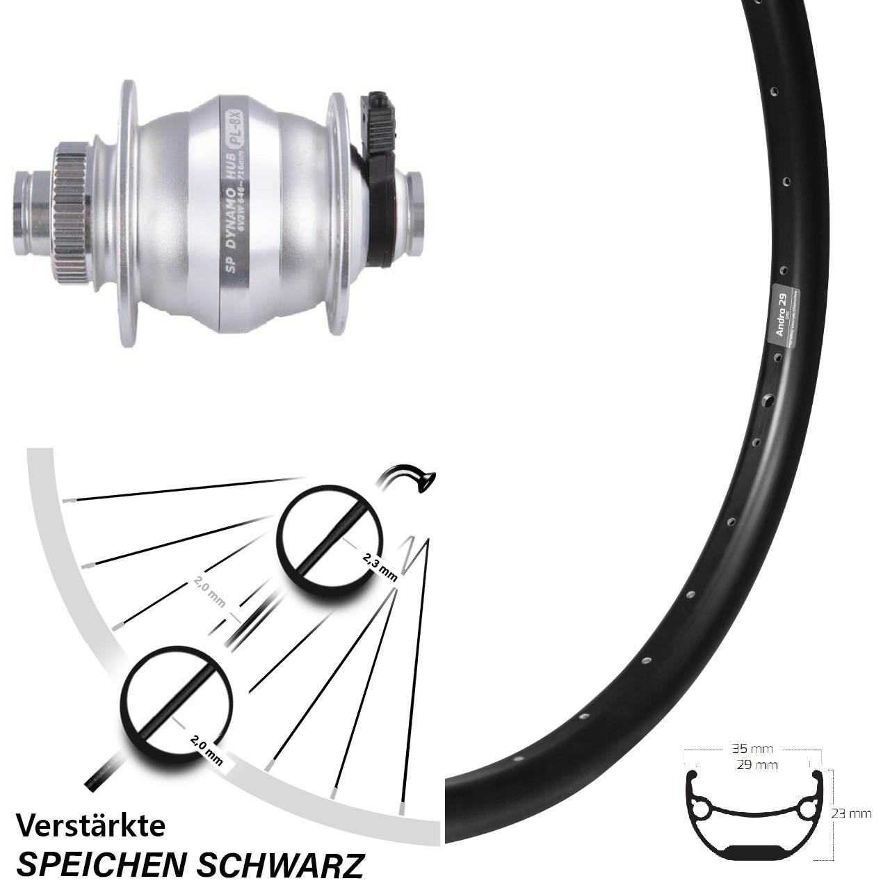 Nabendynamo Ryde Andra 29 Zoll Vorderrad Steckachse 12x100 mm Shutter Centerlock silbern