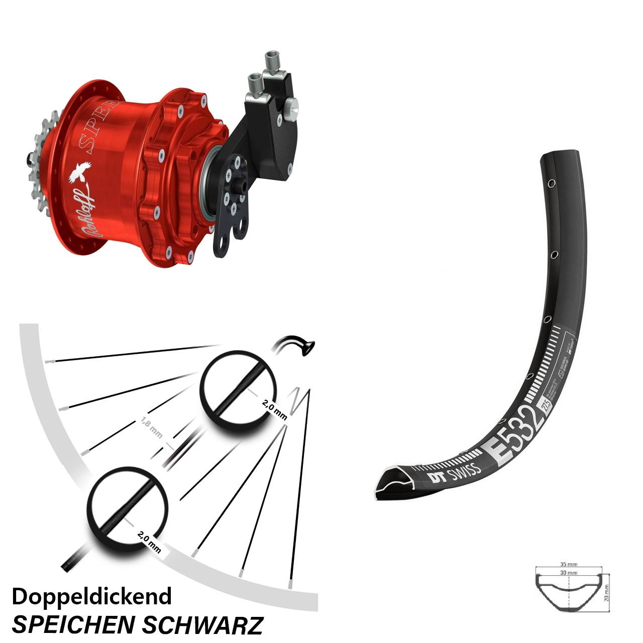 29 Zoll DT Swiss E 532 Rohloff Speedhub CC DB Tandem rot