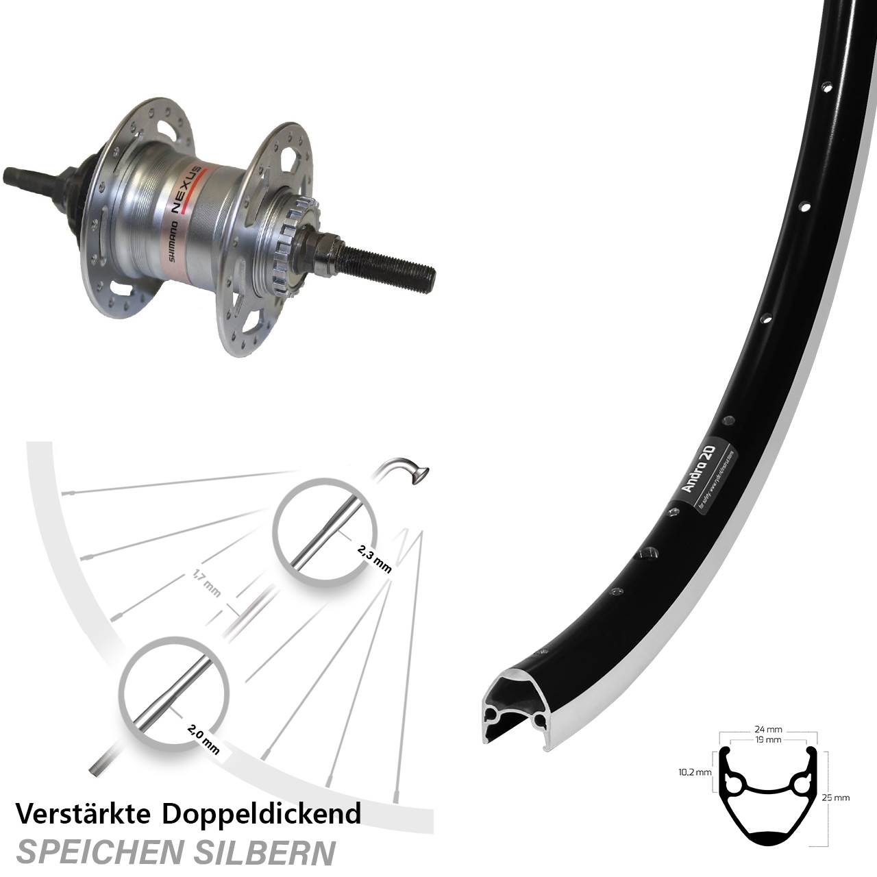 28 Zoll Hinterrad Ryde Andra 20 Shimano Nexus 3 Gang für Rollenbremse