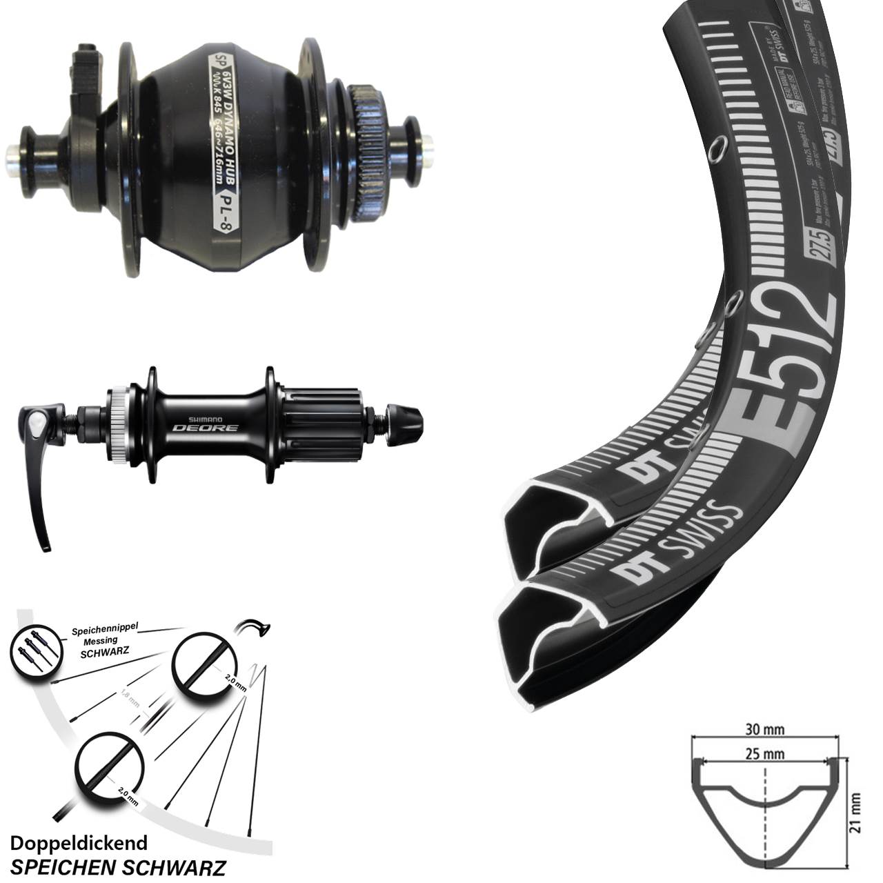 Centerlock 29 Zoll Laufradsatz QR DT Swiss E512 Shutter PL-8 Shimano Deore 8-11 fach
