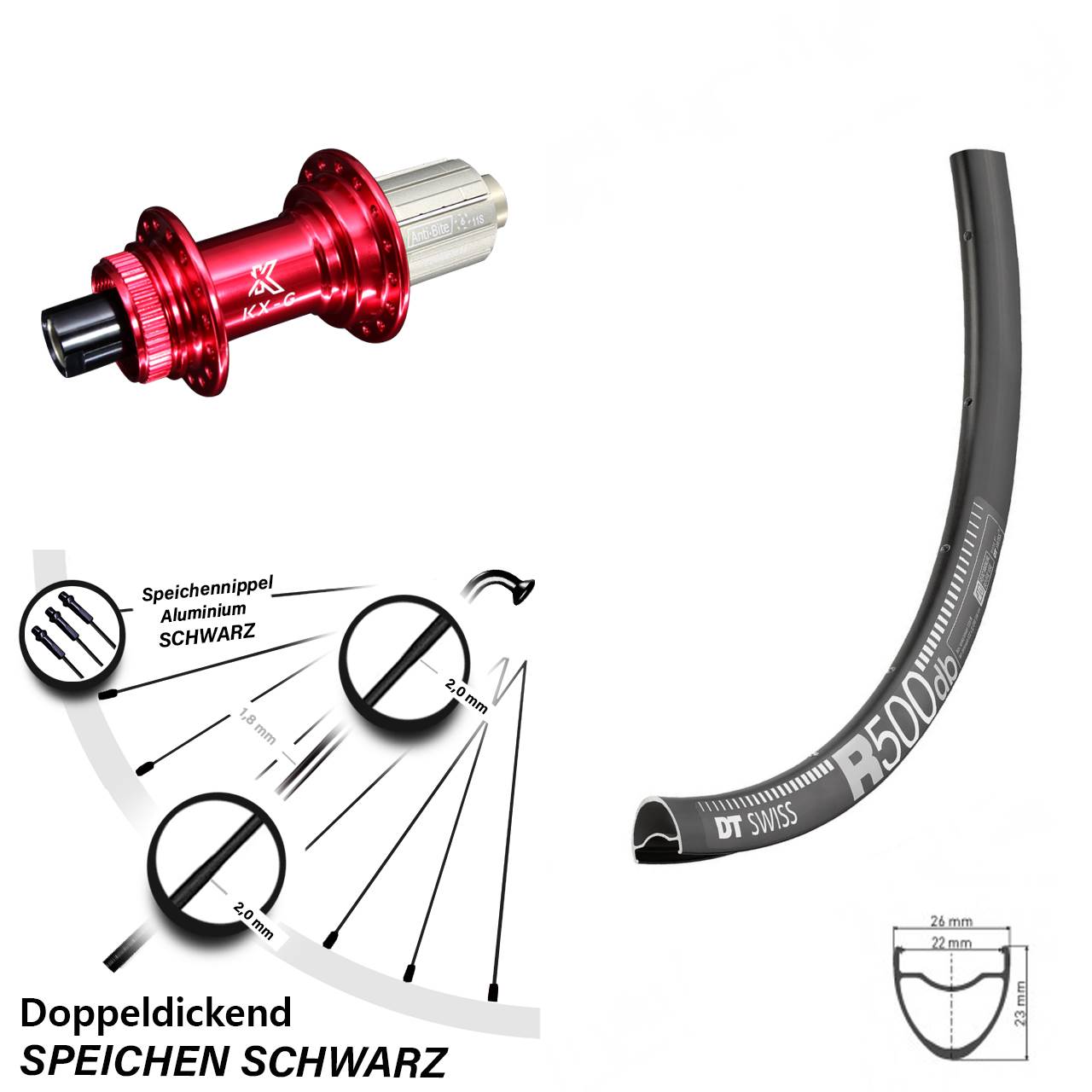 28 Zoll Hinterrad DT Swiss R 500 mit KX-G Nabe rot-eloxiert Shimano 8-12 fach 12x142 mm