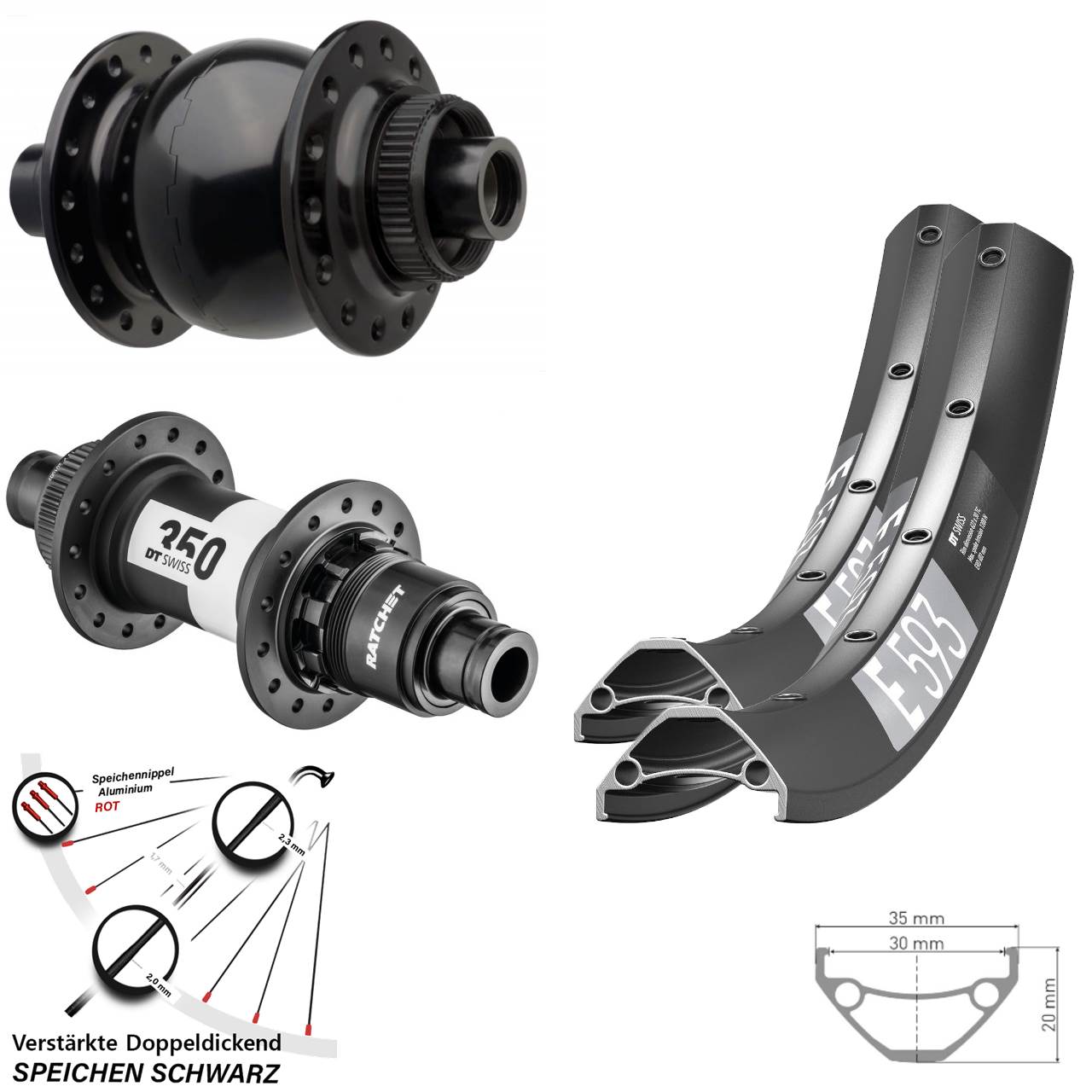 29 Zoll DT Swiss E 593-350 SON 28 Centerlock Laufradsatz 15x110 12x148 SRAM XD