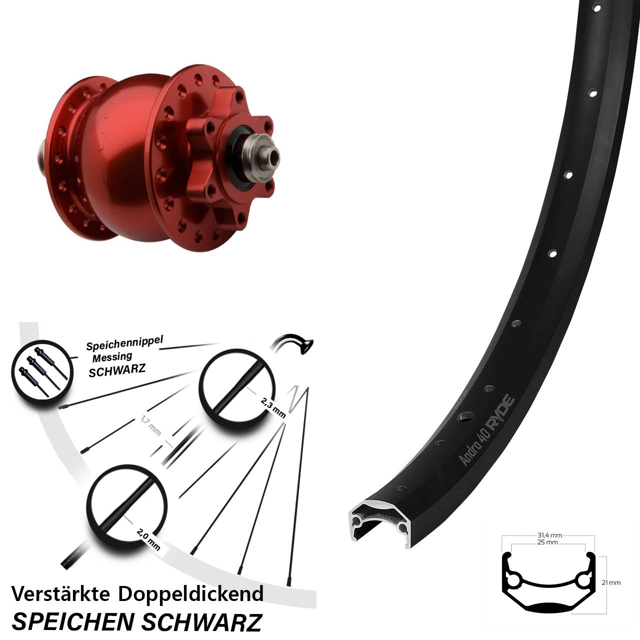 Disc Vorderrad mit Nabendynamo 27,5 Zoll Ryde Andra 40 SON 28 rot für Schnellspanner