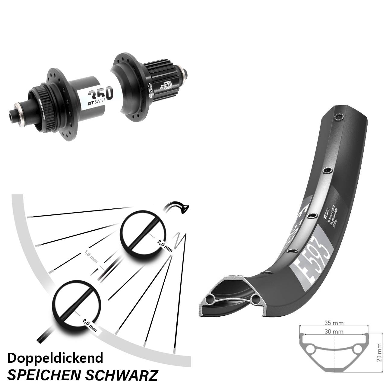 27,5 Zoll DT Swiss E593-350 Boost Centerlock Hinterrad QR Boost Micro Spline