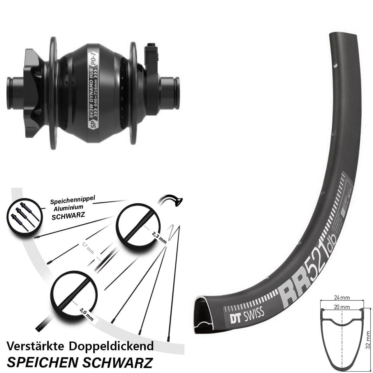 6-Loch Dynamo-Vorderrad 28 Zoll DT Swiss RR521 Shutter Precision PD-7 12x100