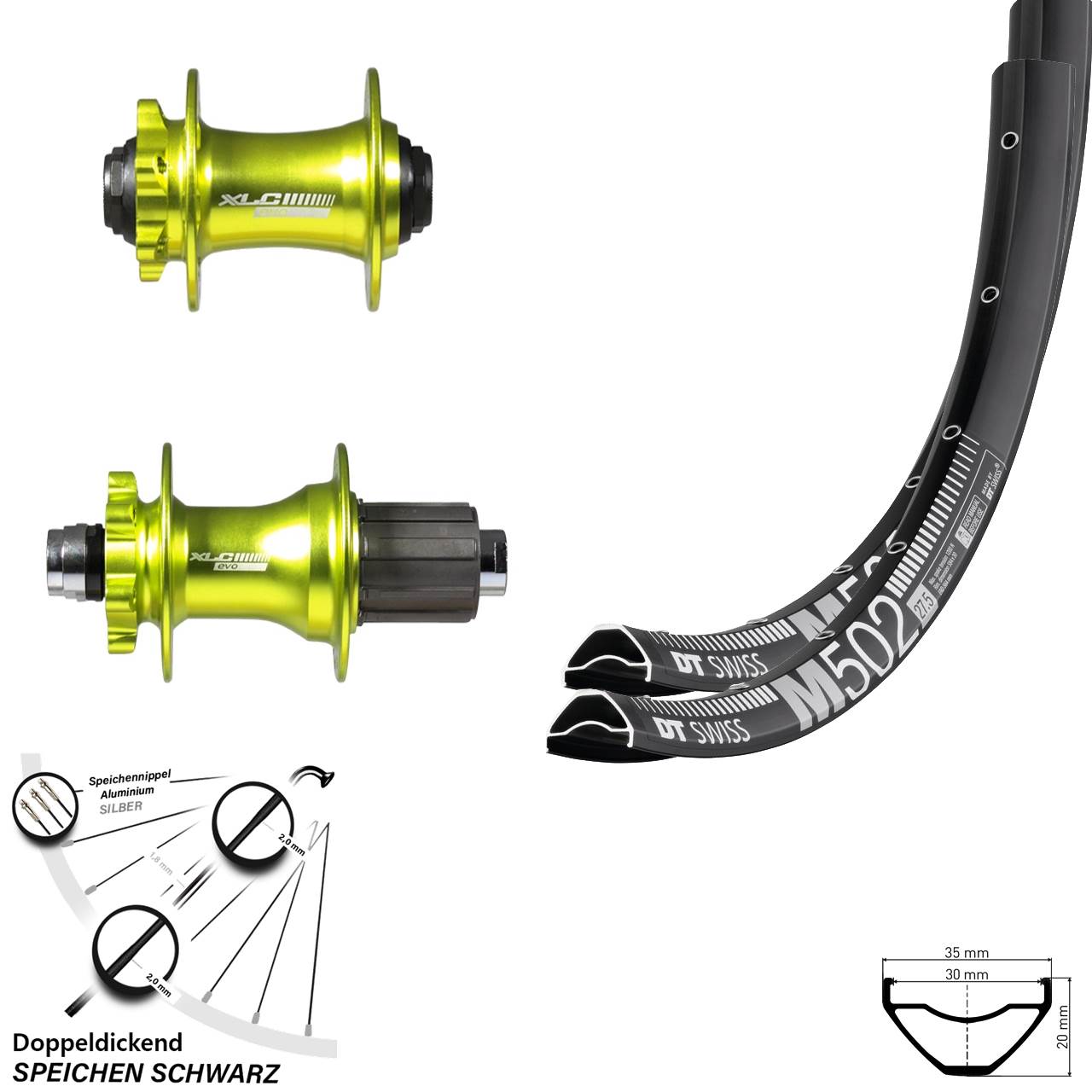 MTB Laufradsatz 29 Zoll DT Swiss M 502 Nabe XLC Pro grün eloxiert 100/142 mm Steckachse