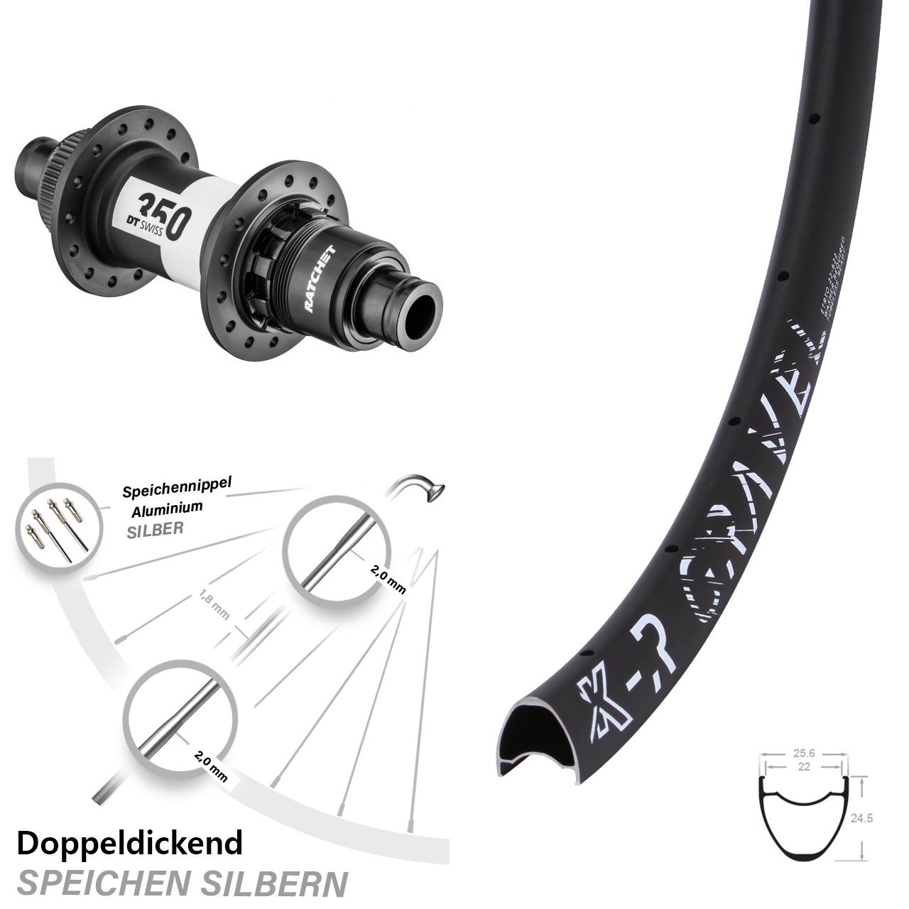 schwarzes 28-29 Zoll Hinterrad KX-R Gravel 22-622 DT Swiss 350 Sram XDR 12x142 mm