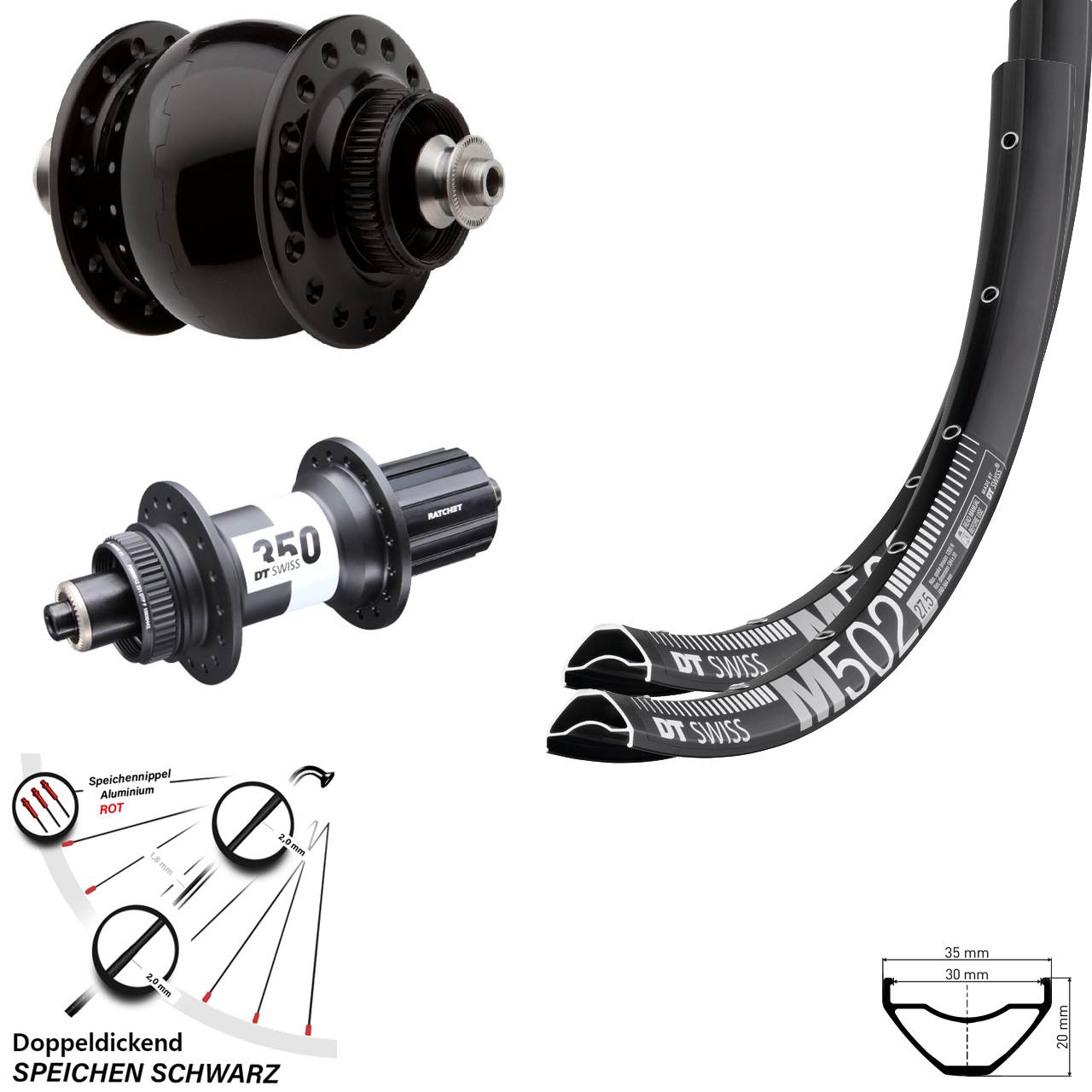 Laufradsatz für Schnellspanner 29 Zoll DT Swiss M502-350 SON 28 8-11 fach