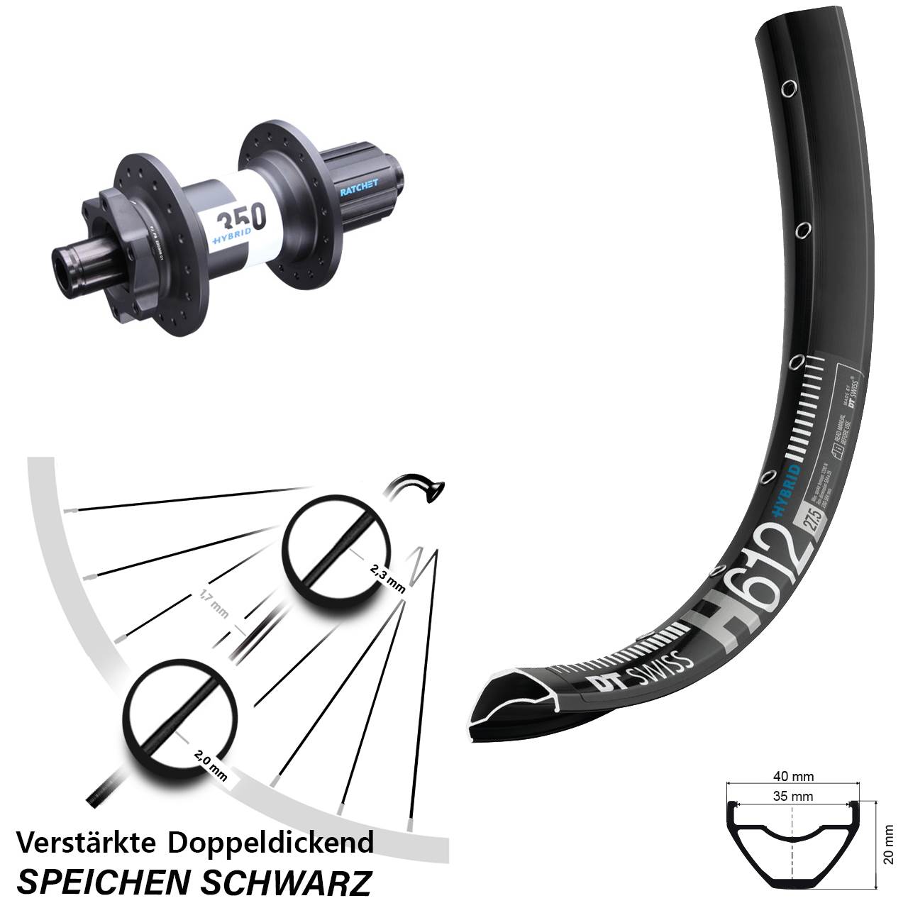 breites E-Bike Hinterrad 27,5 Zoll H 612 DT Swiss 350 Hybrid Boost 12x148 mm 11-fach