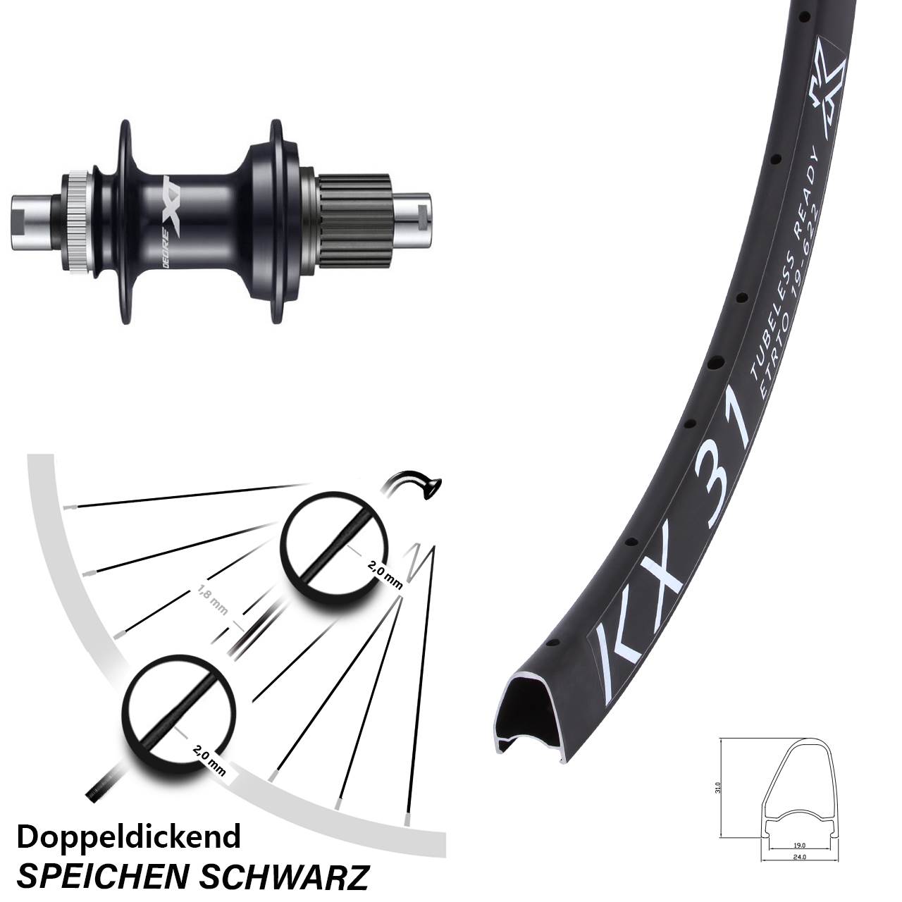 Centerlock Hinterrad 12x142 28 Zoll KX 31 Shimano Deore XT FH-M8110 Micro Spline