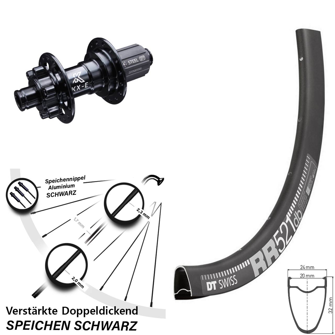 Hinterrad 6-Loch 28 Zoll DT Swiss RR 521 KX-E 8-12 fach HG 12x142