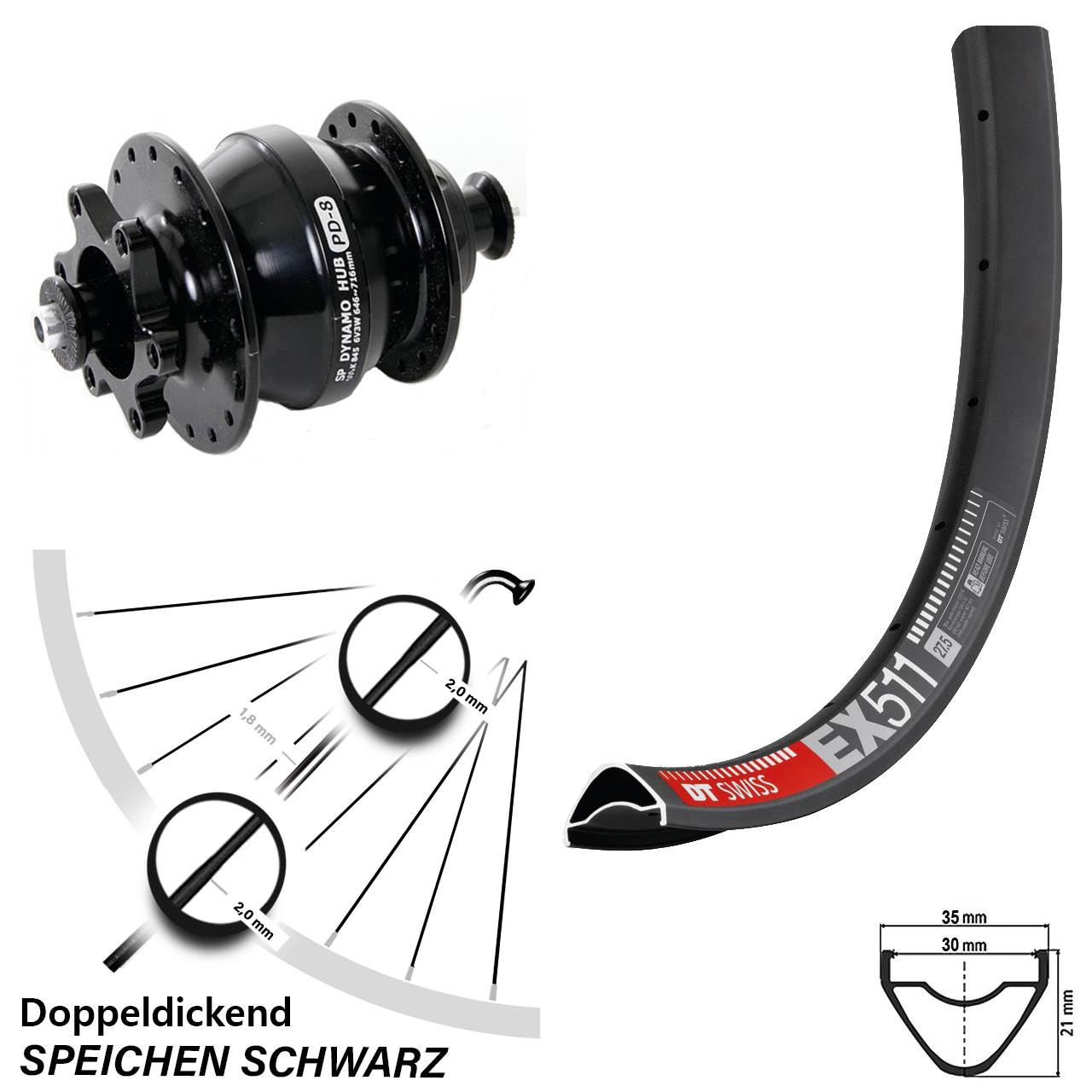 Nabendynamovorderrad 6-Loch 27,5 Zoll DT Swiss EX511 Shutter PD-8 QR