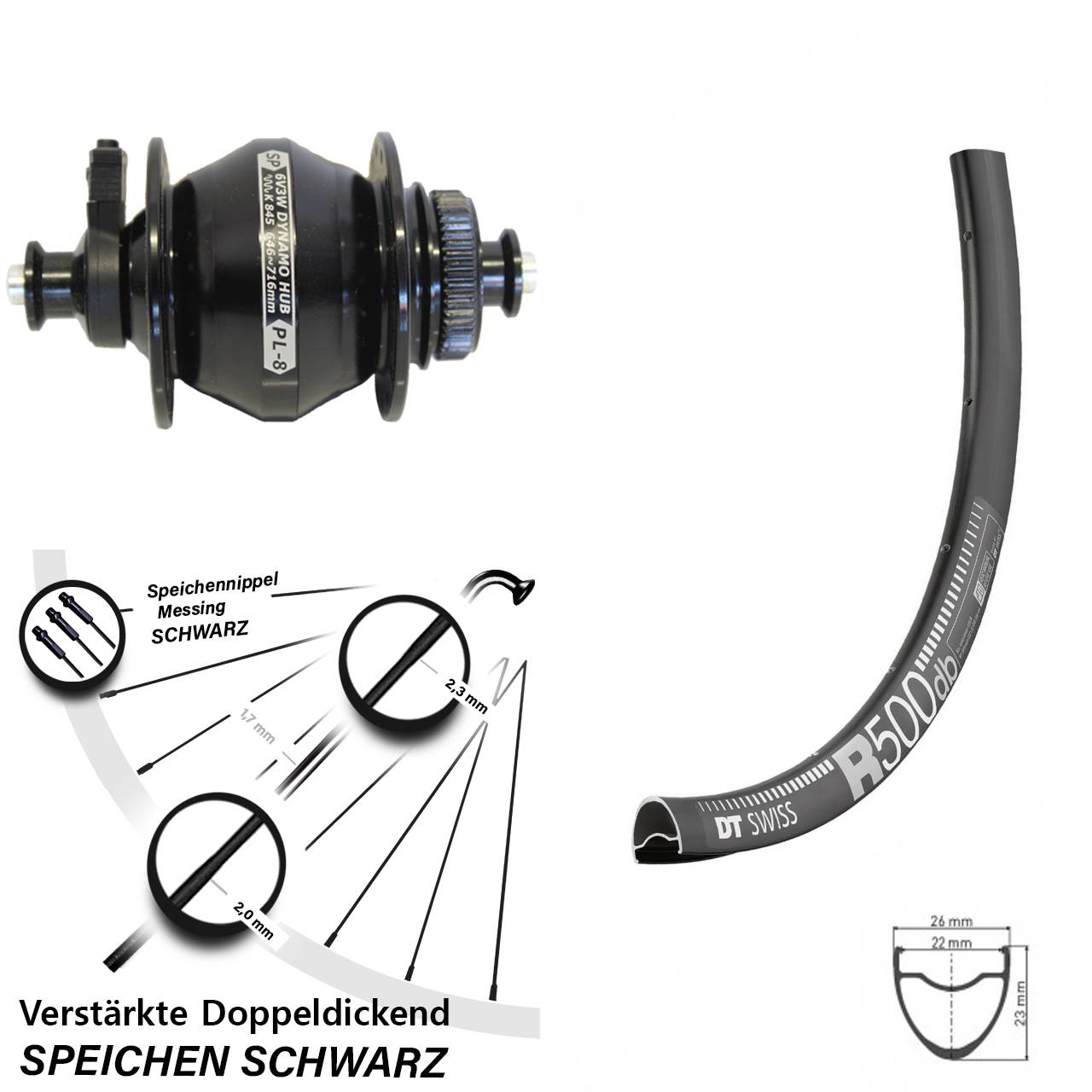29 Zoll DT Swiss R 500 Shutter PL-8 Disc Nabendynamovorderrad für Schnellspanner