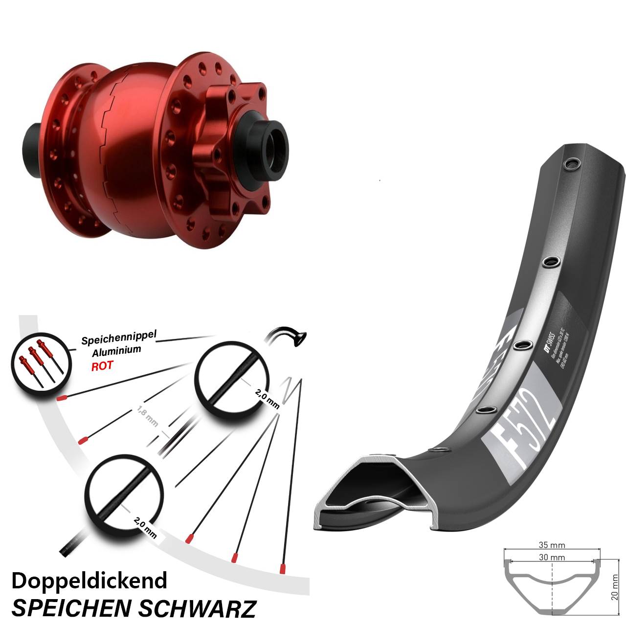 Nabendynamovorderrad 6-Loch 15x100 27,5 Zoll DT Swiss F 572 SON 28 rot