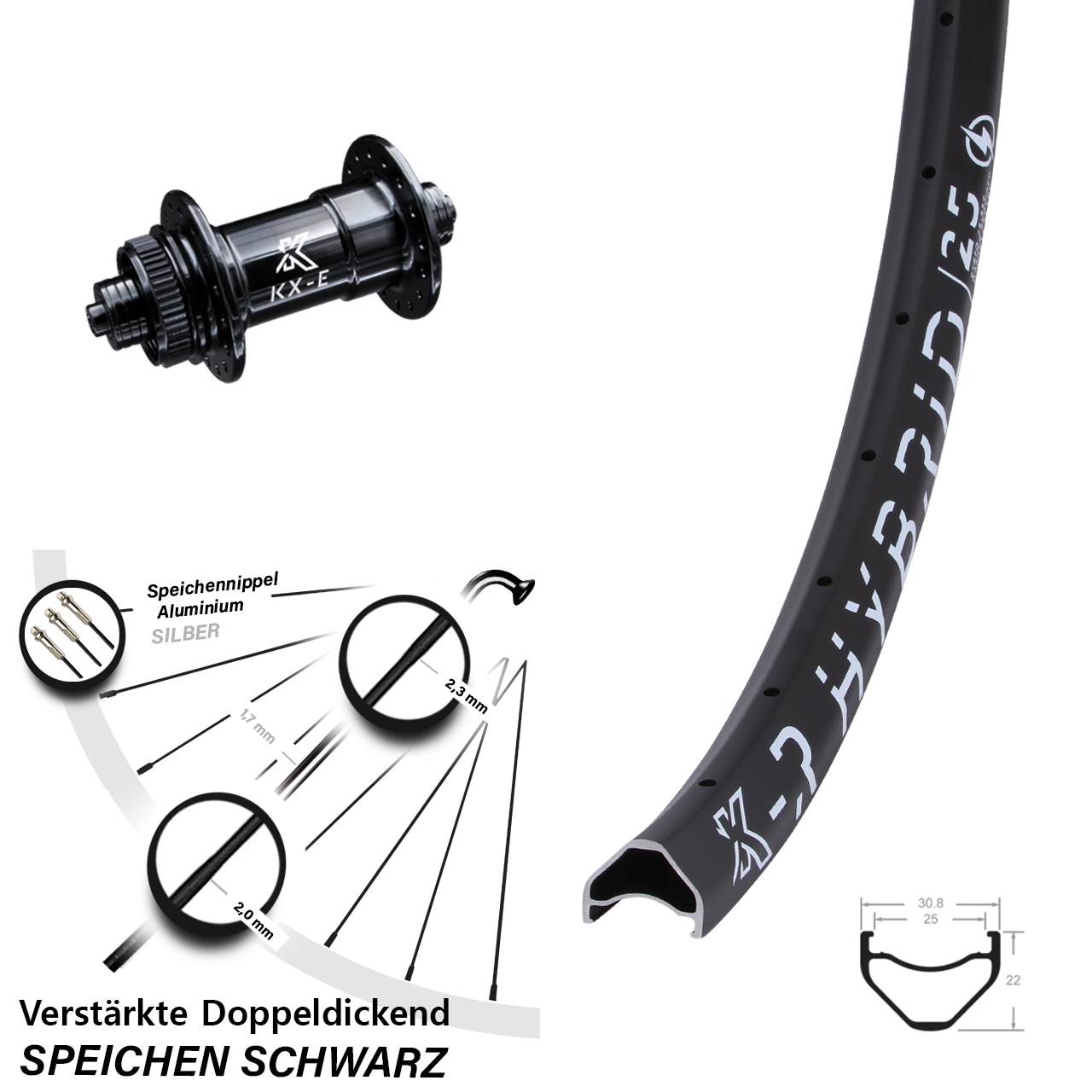 Vorderrad E-Bike 28-29 Zoll verstärkt Centerlock schwarz KX-ER Hybrid 25 Schnellspanner