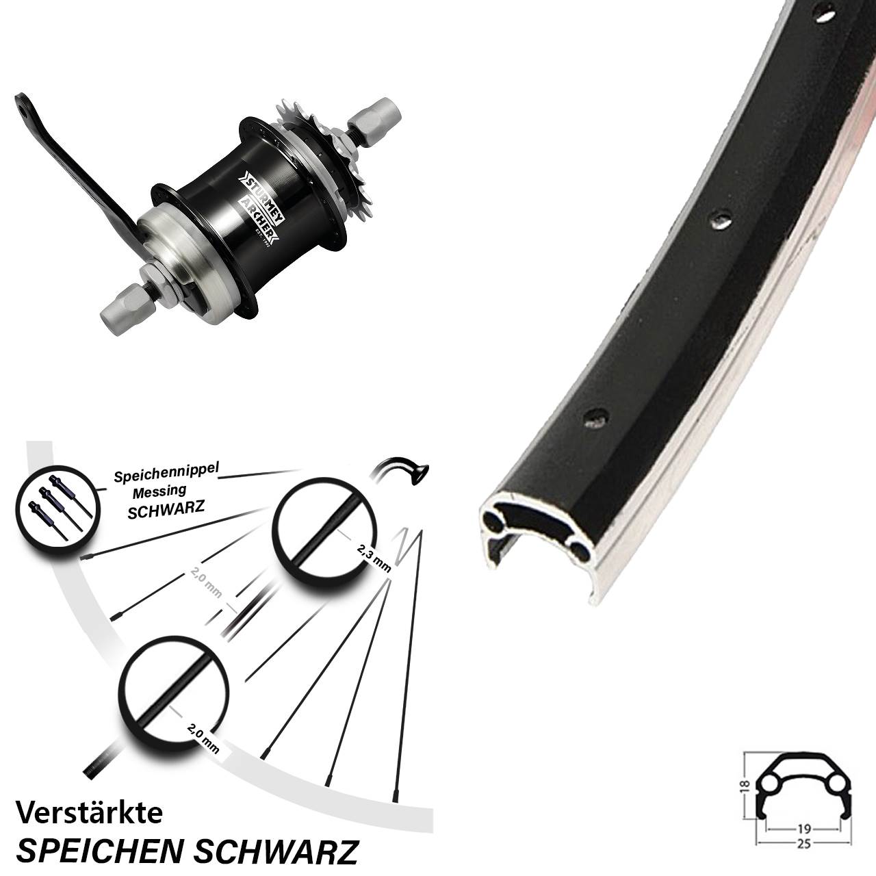 20 Zoll Schürman Yak 19 Hinterrad Sturmey Archer S1C Rücktritt schwarz