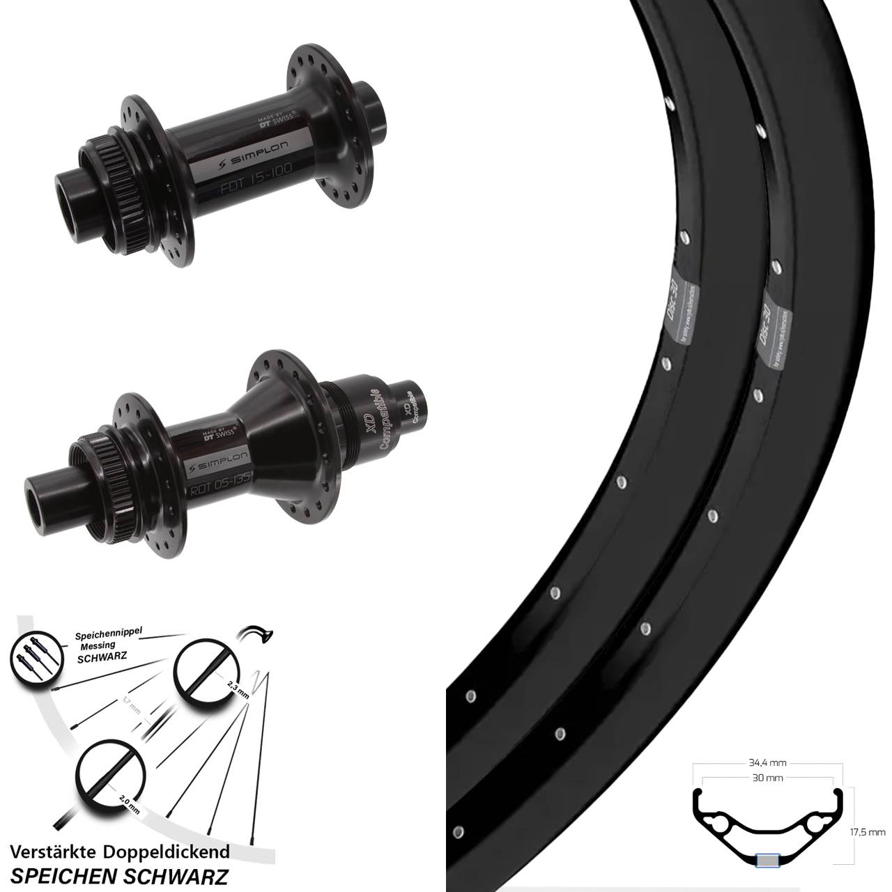27,5 Zoll Ryde Disc 30 DT Swiss 370 Laufrad-Satz 15x100 12x142 SRAM XD