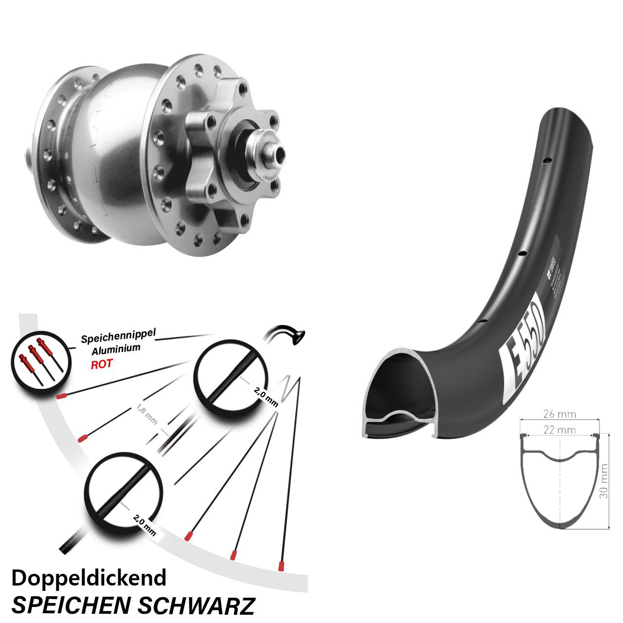 DT Swiss E550 SON 28 Zoll Dynamo-Vorderrad 6-Loch QR