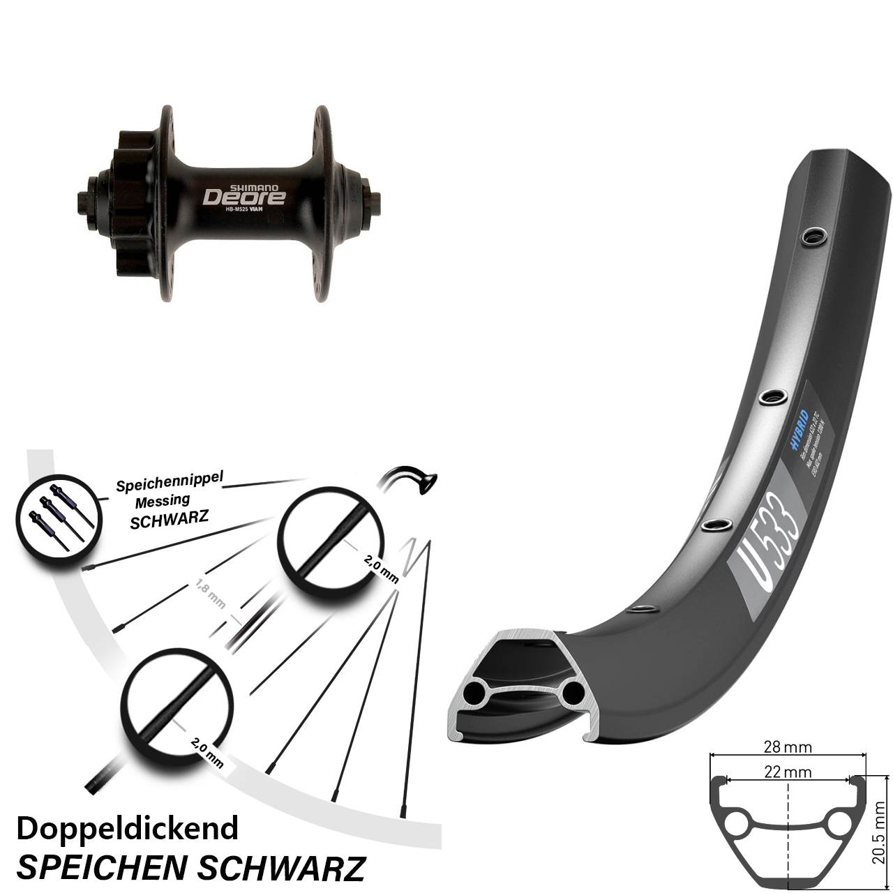 DT Swiss U533 Shimano Deore HB-M525 26 Zoll Disc Laufrad für Schnellspanner