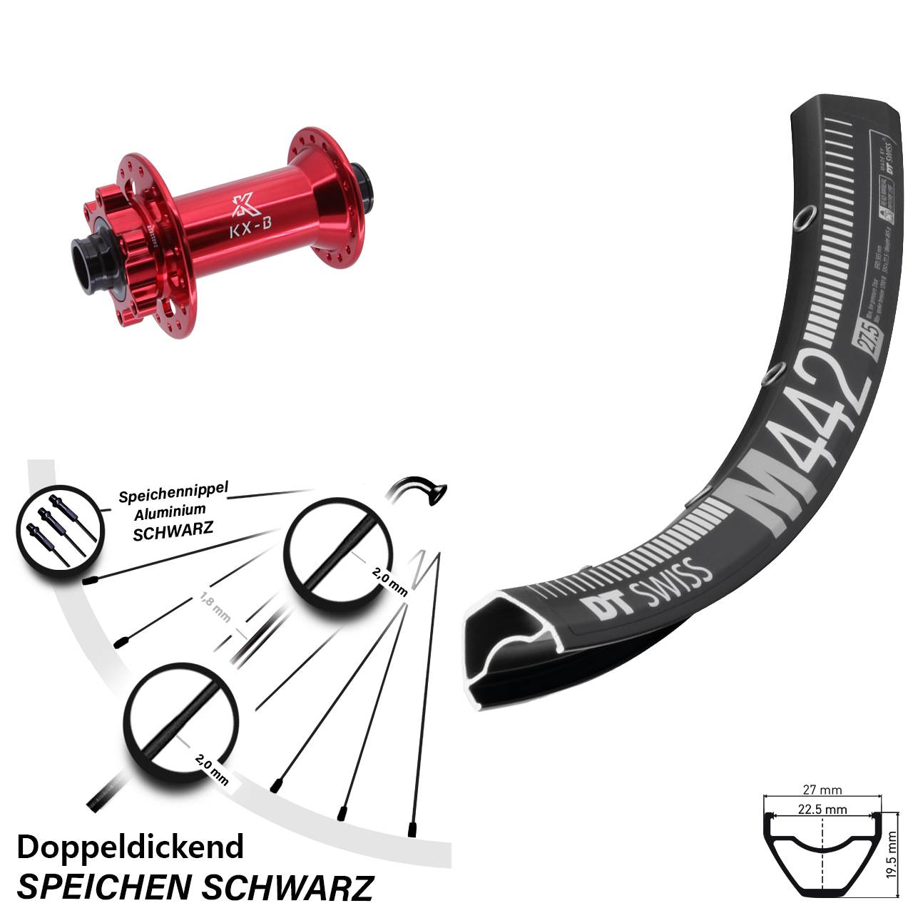 DT Swiss M442 KX-B rot 28-29 Zoll 6-Loch Vorderrad 15x110 Boost
