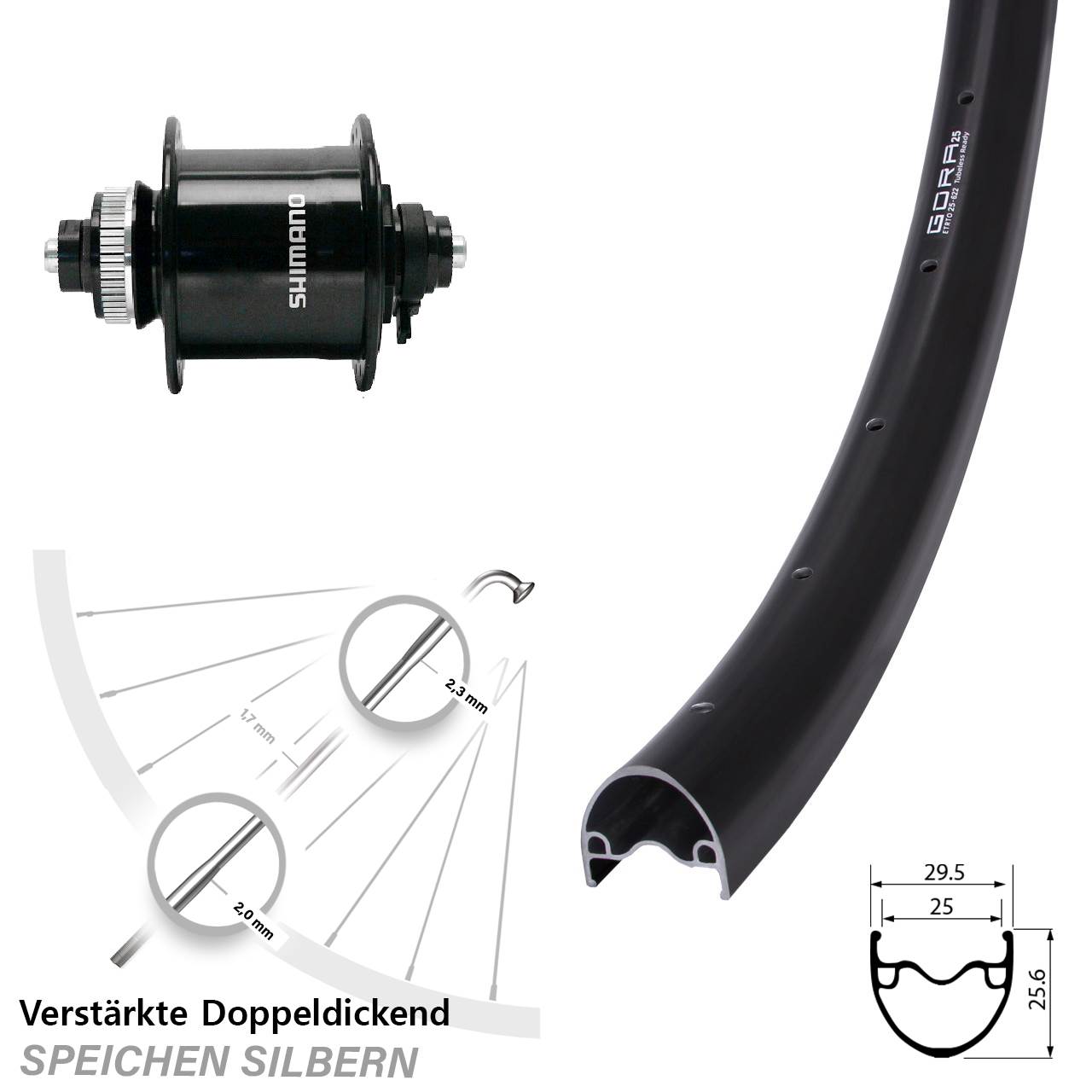 Gora 25 Shimano DH-UR700 29 Zoll Disc Vorderrad mit Nabendynamo QR