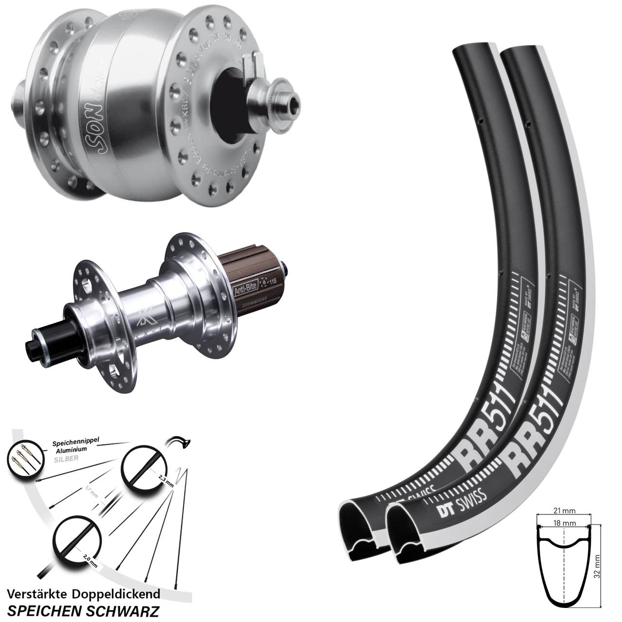 Laufradsatz für Schnellspanner 28 Zoll DT Swiss RR 511 KX-T SON delux 8-12 fach HG