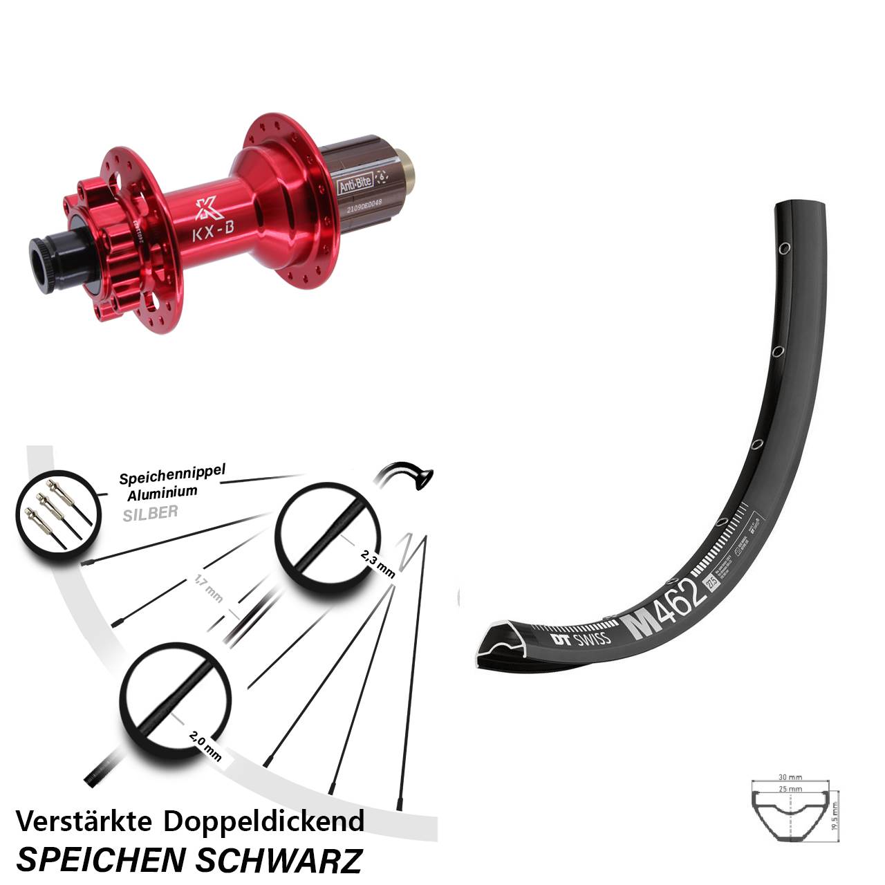 29 Zoll Hinterrad 6-Loch DT Swiss M 462 KX-B rot 8-12 fach HG 12x148 Boost
