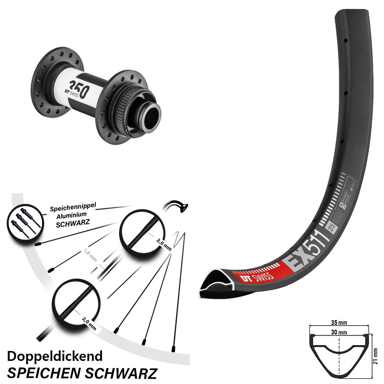 27,5 Zoll DT Swiss EX 511-350 Disc Vorderrad 15x100