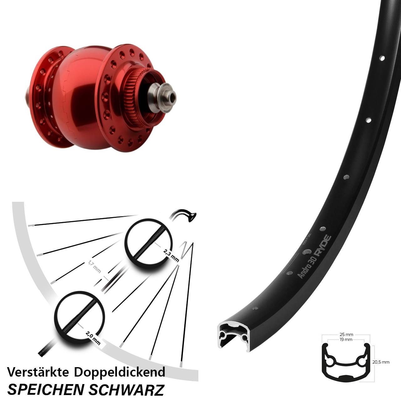 29 Zoll Ryde Andra 30 SON 28 rot Dynamo-Vorderrad Centerlock für Schnellspanner