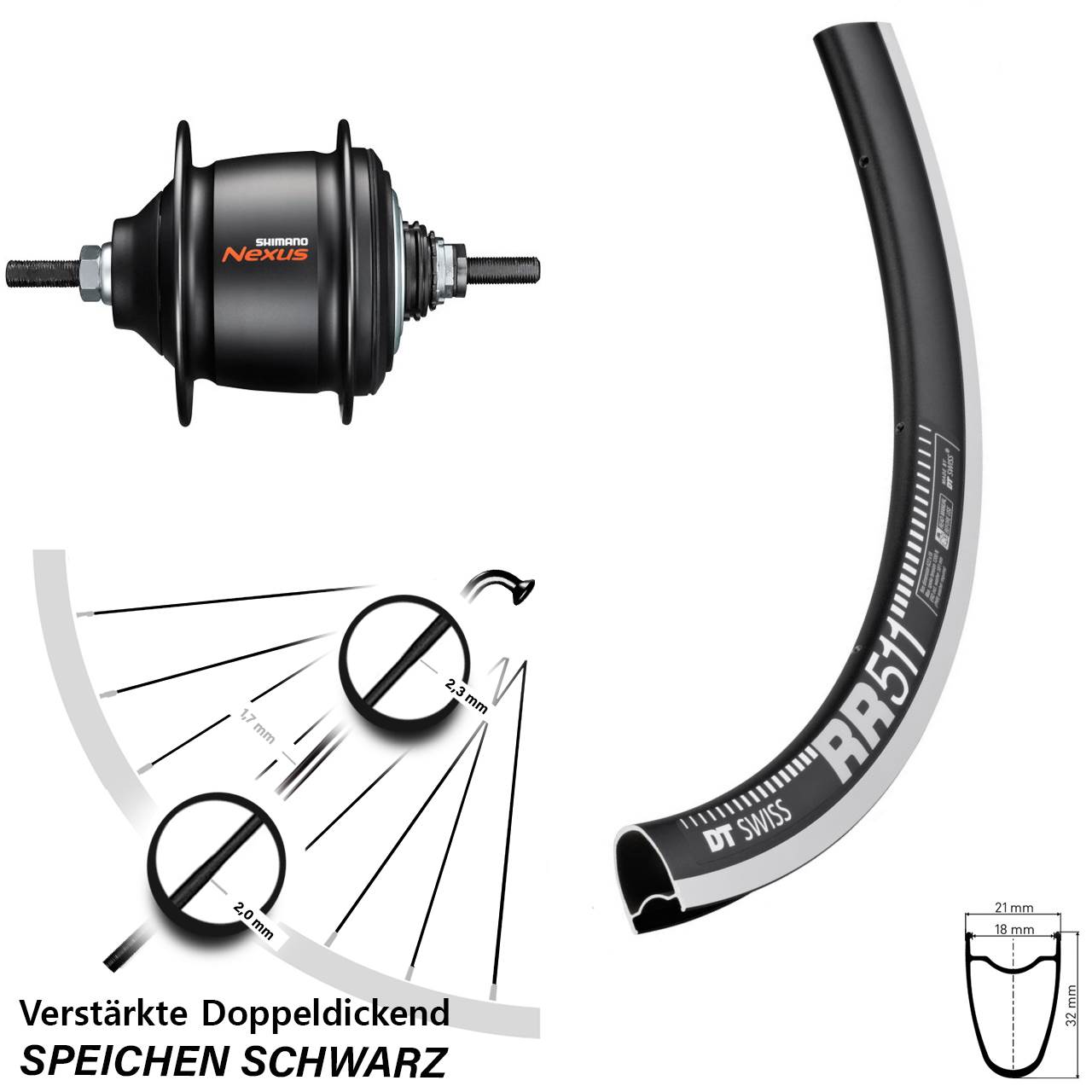 Hinterrad 28 Zoll Shimano Nexus 8 Gang DT Swiss RR-511 Freilauf