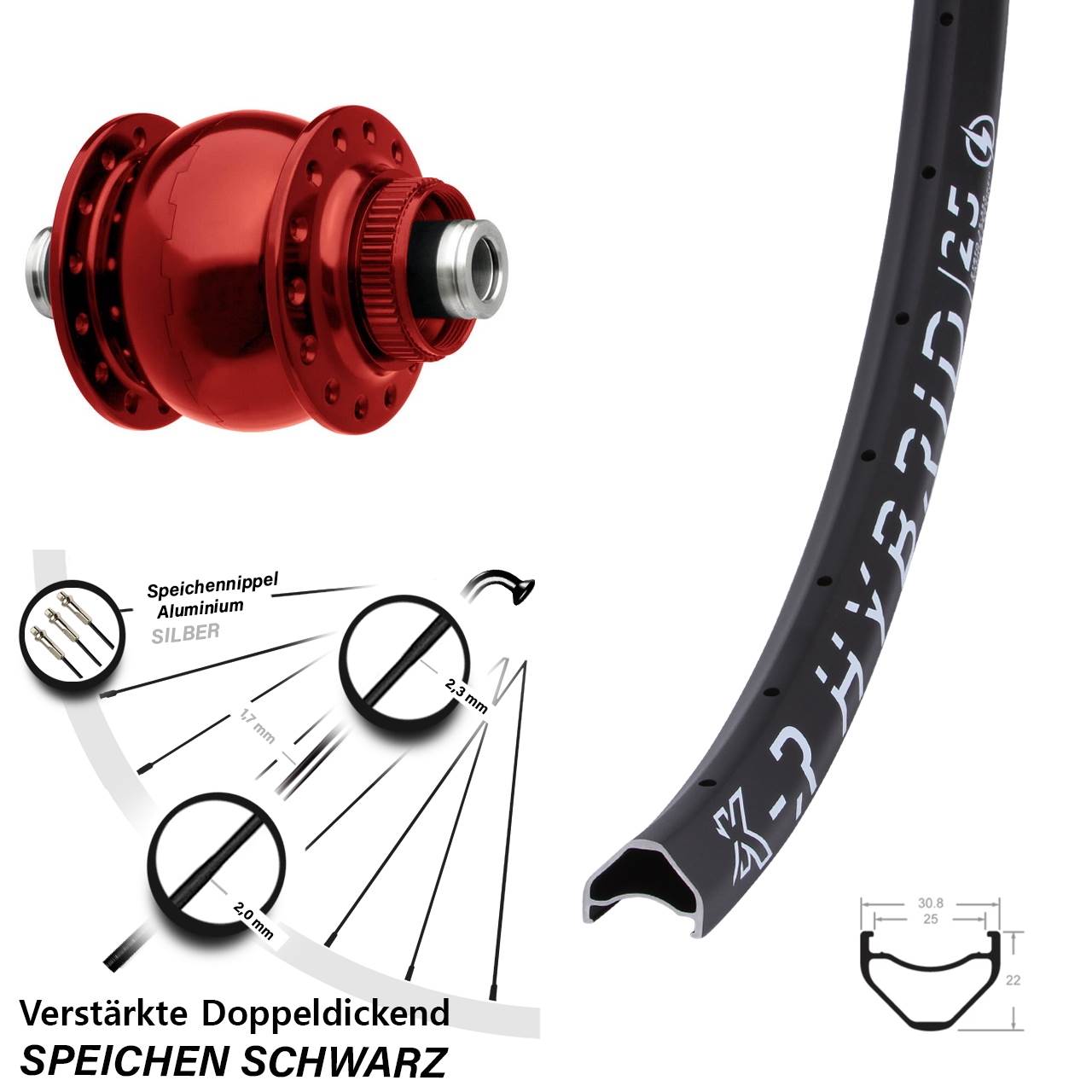 26 Zoll KX-R Hybrid 25 SON 28 rot Dynamo-Vorderrad Centerlock 12x100