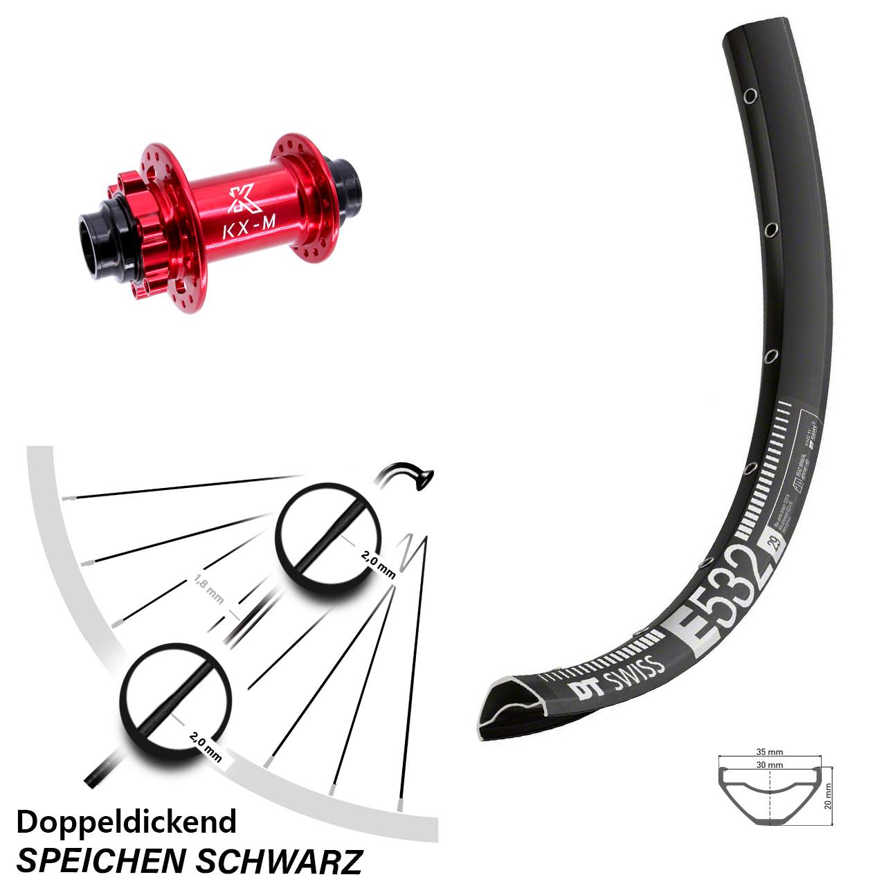 29 Zoll DT Swiss E 532 Disc KX-M 6-Loch Vorderrad 20x110 non Boost