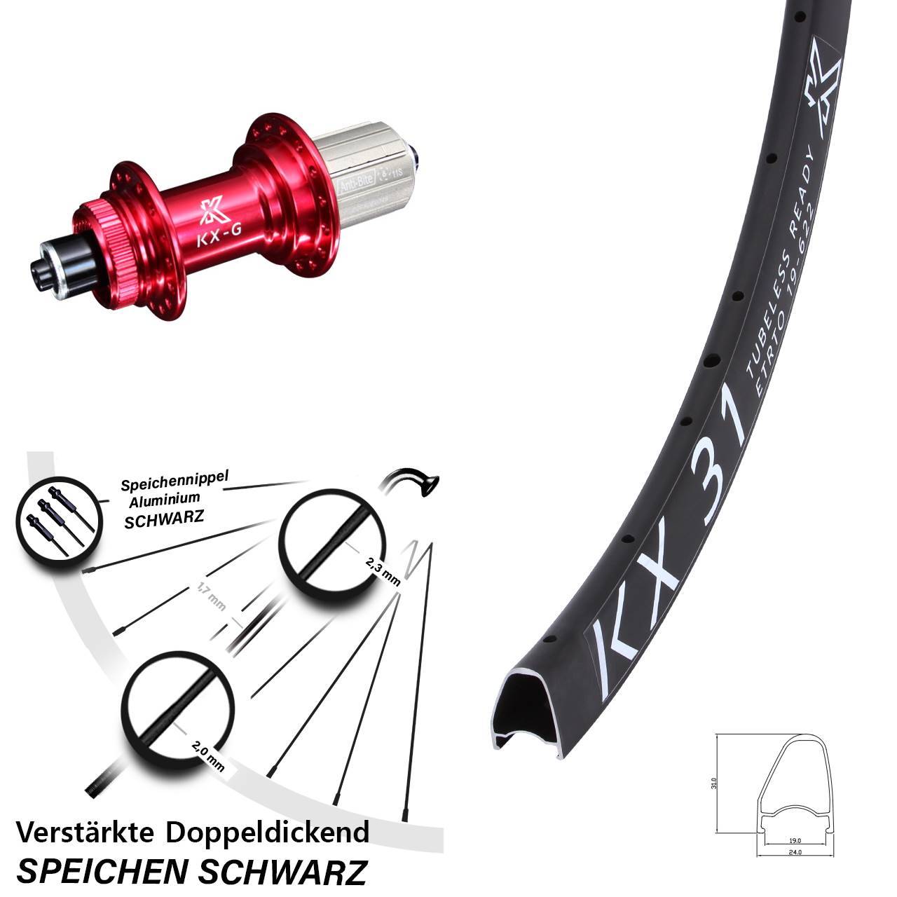 KX 31 Hochprofil rot 28 Zoll Disc Laufrad QR 8-12 fach HG