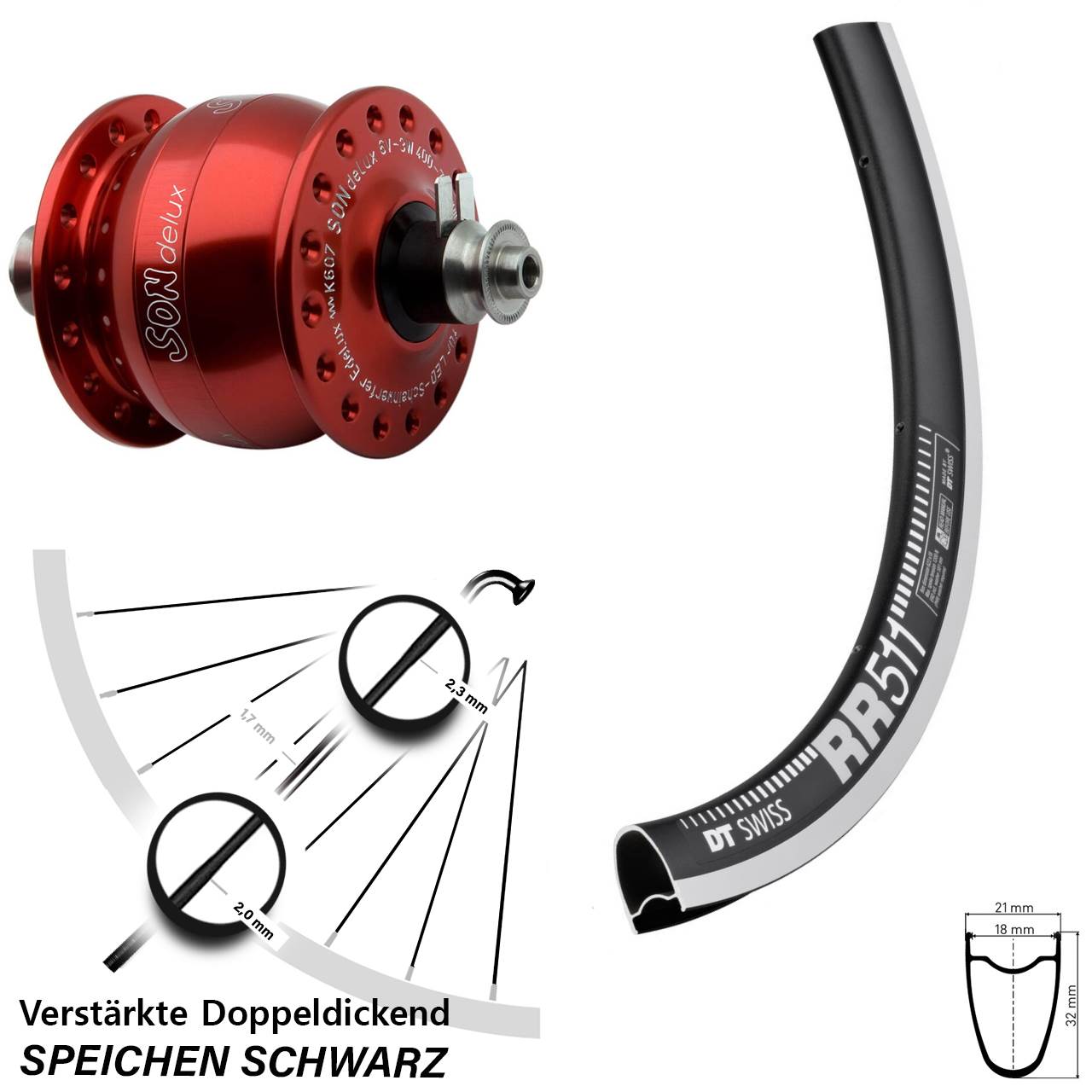 Vorderrad mit Nabendynamo QR 28 Zoll DT Swiss RR 511 SONdelux rot