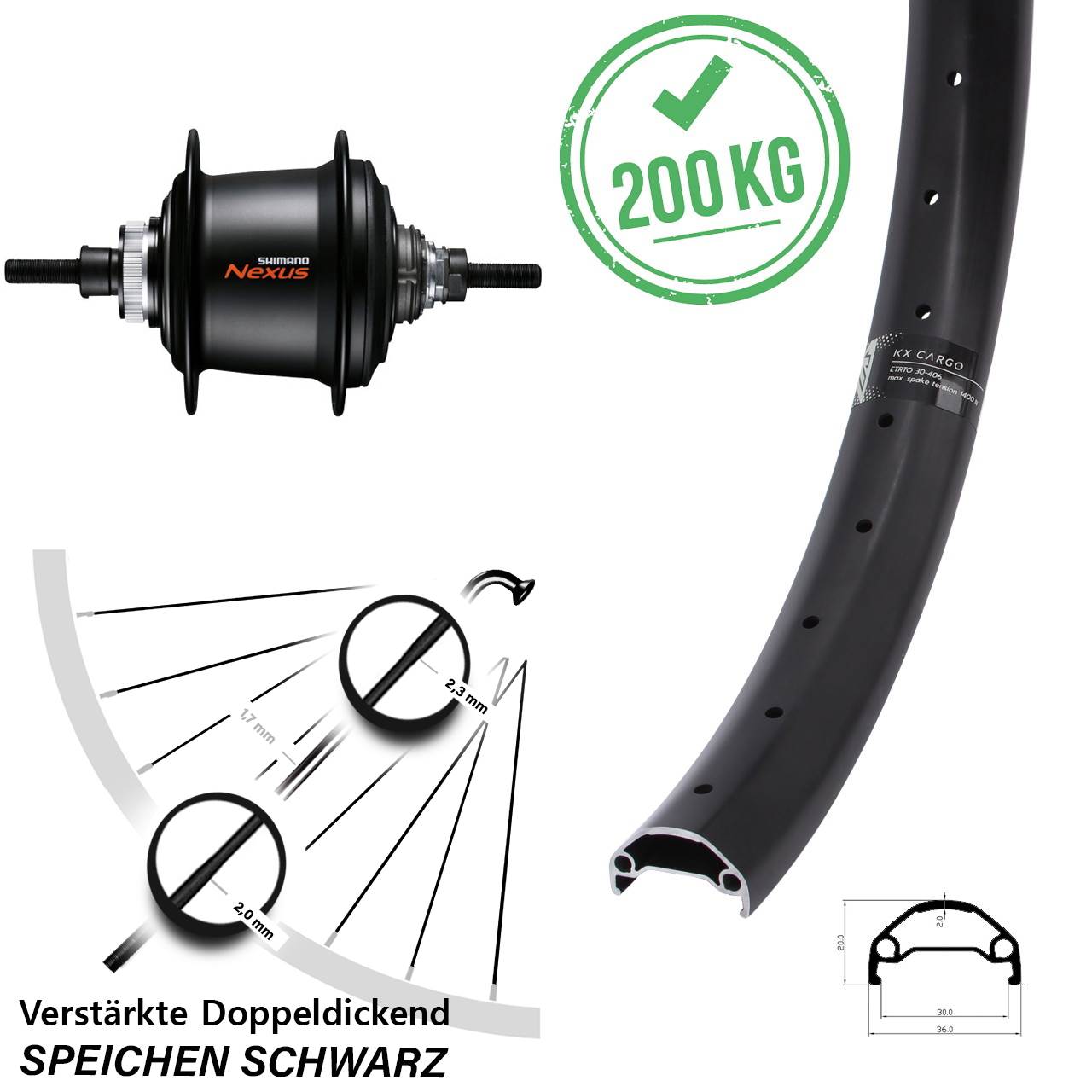 20 Zoll Disc Hinterrad KX Cargo Shimano 7 Gang Nabenschaltung