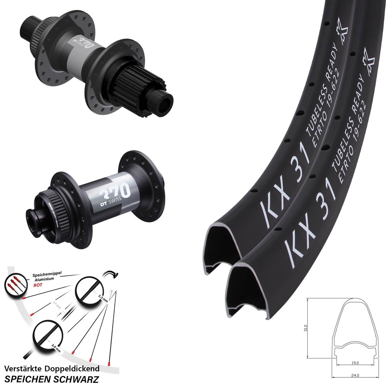 28 Zoll KX 31 DT Swiss 370 Centerlock Laufradsatz 15x100 12x142 Shimano Micro Spline