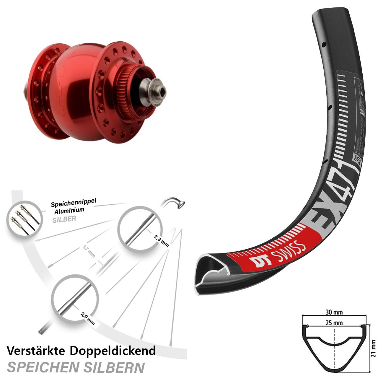 SON delux rot DT Swiss EX471 Disc 29 Zoll Laufrad mit Nabendynamo für Schnellspanner