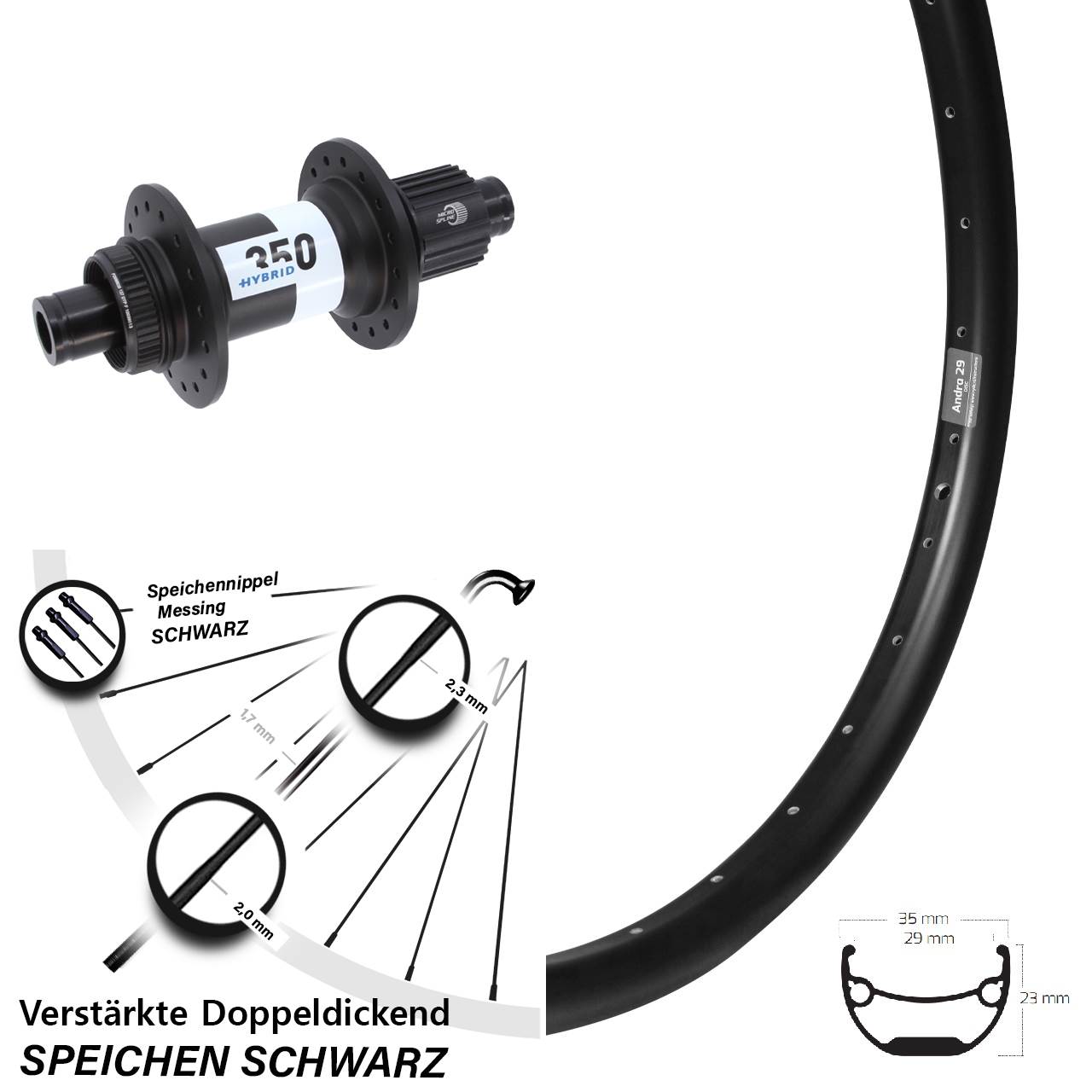 26 Zoll Ryde Andra 29 DT Swiss 350 Hybrid Hinterrad Centerlock 12x148 Micro Spline