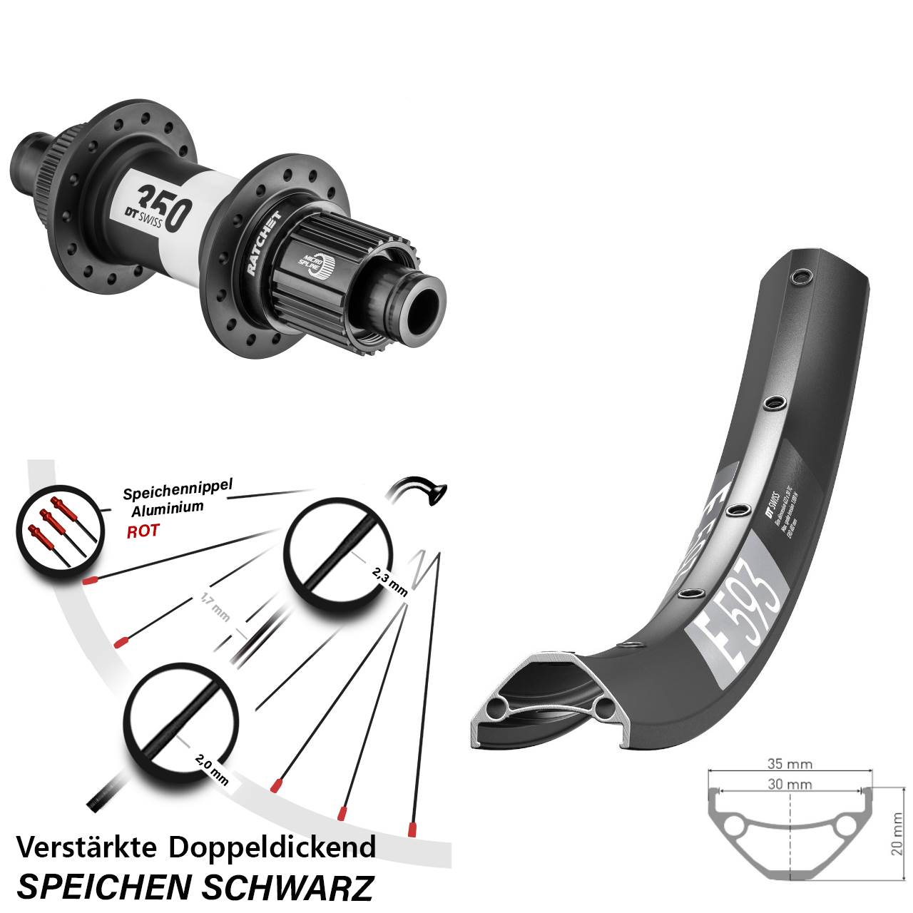29 Zoll DT Swiss E 593-350 Hinterrad Centerlock 12x142 Micro Spline