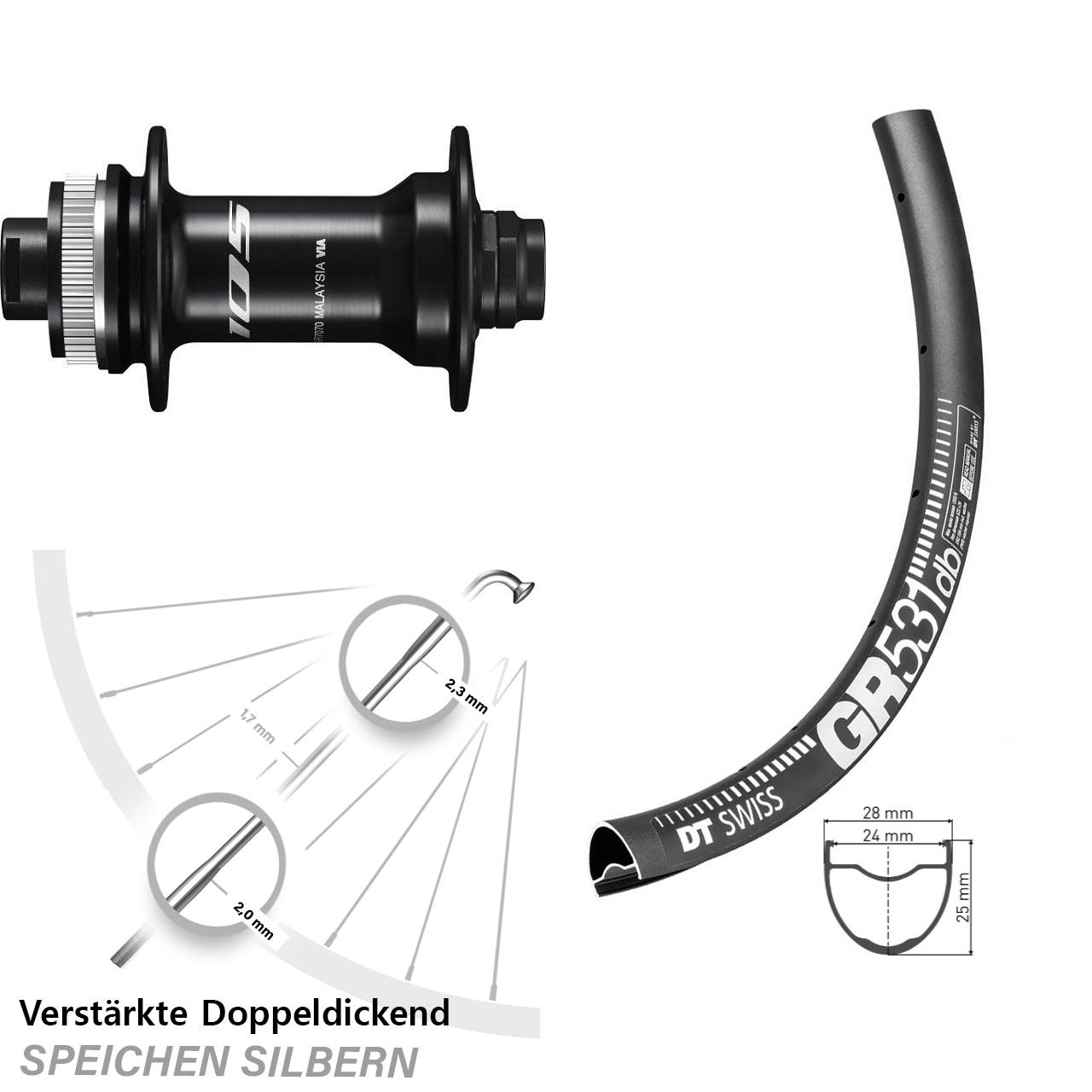 Shimano 105 Steckachse DT Swiss GR 531 DB Gravel Vorderrad 27,5 Zoll Centerlock
