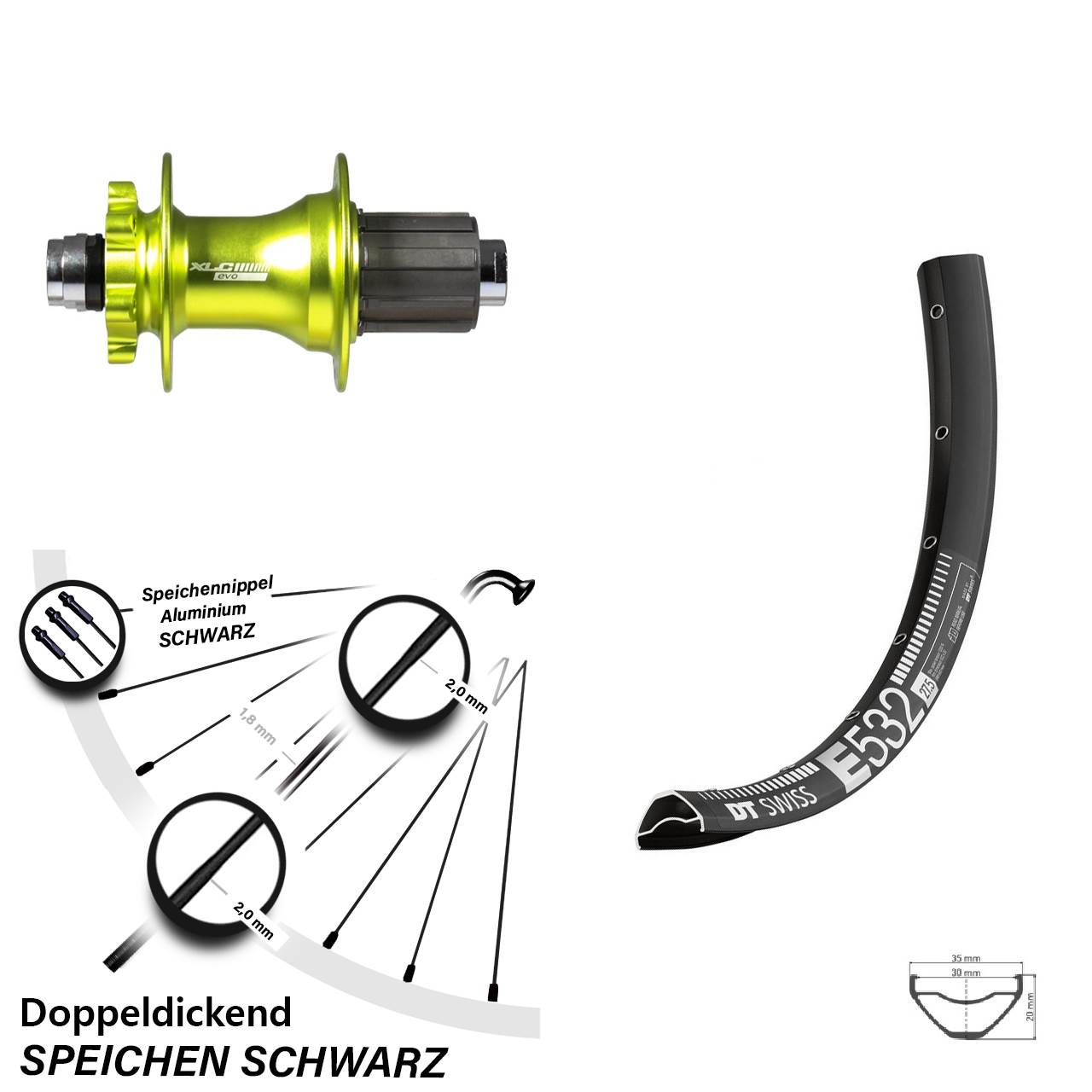 DT Swiss E 532 XLC Evo grün 29 Zoll 6-Loch Hinterrad 12x142 8-11 fach