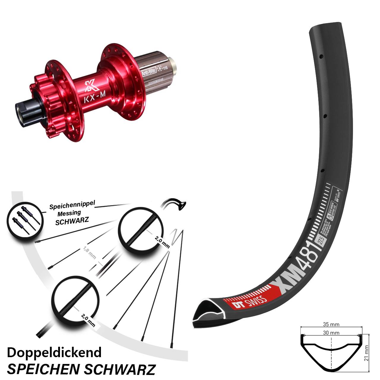 Hinterrad 6-Loch 27,5 Zoll DT Swiss XM481 KX-M rot 8-12 fach 12x142