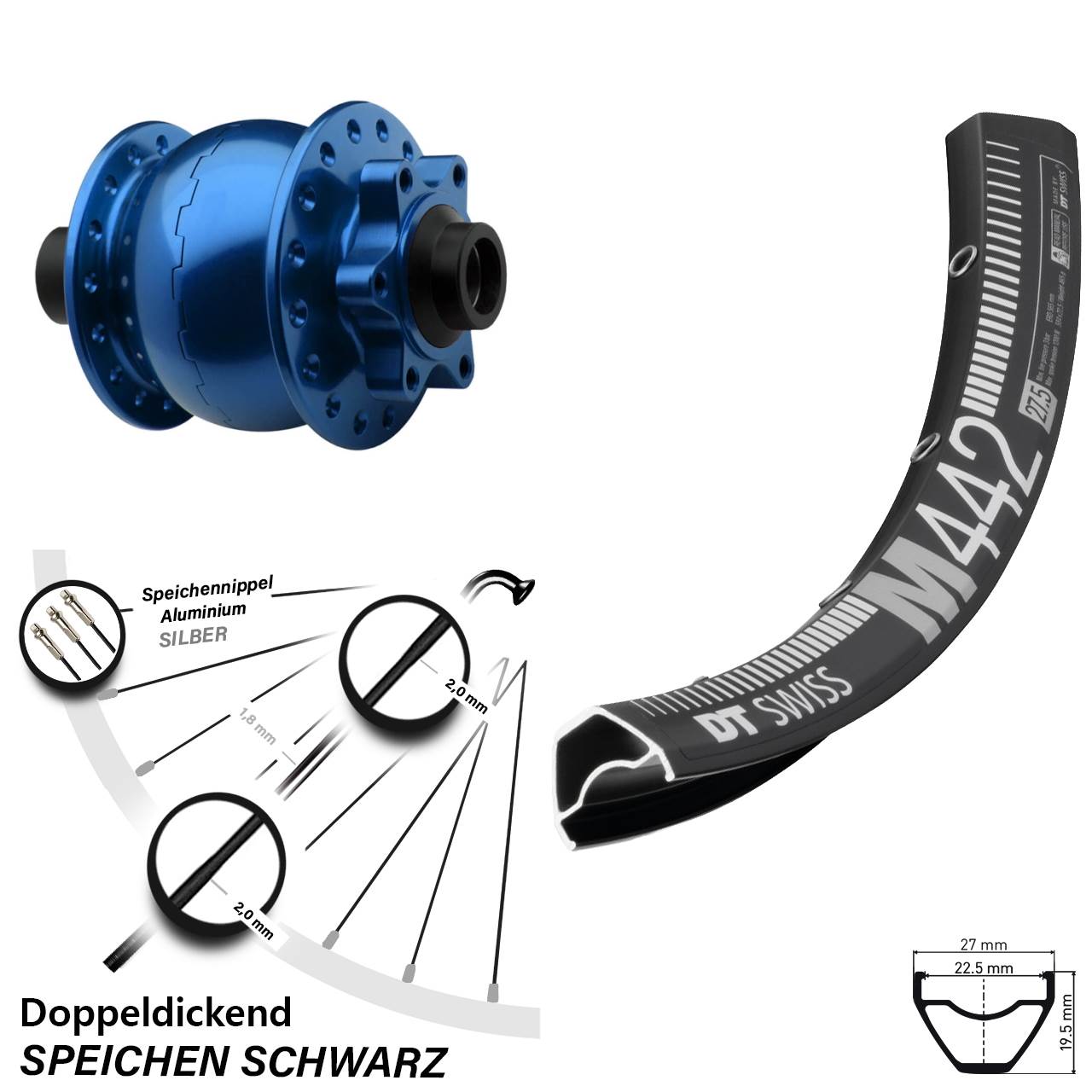 29 Zoll DT Swiss M442 SON 28 blau 6-Loch Nabendynamovorderrad 15x100