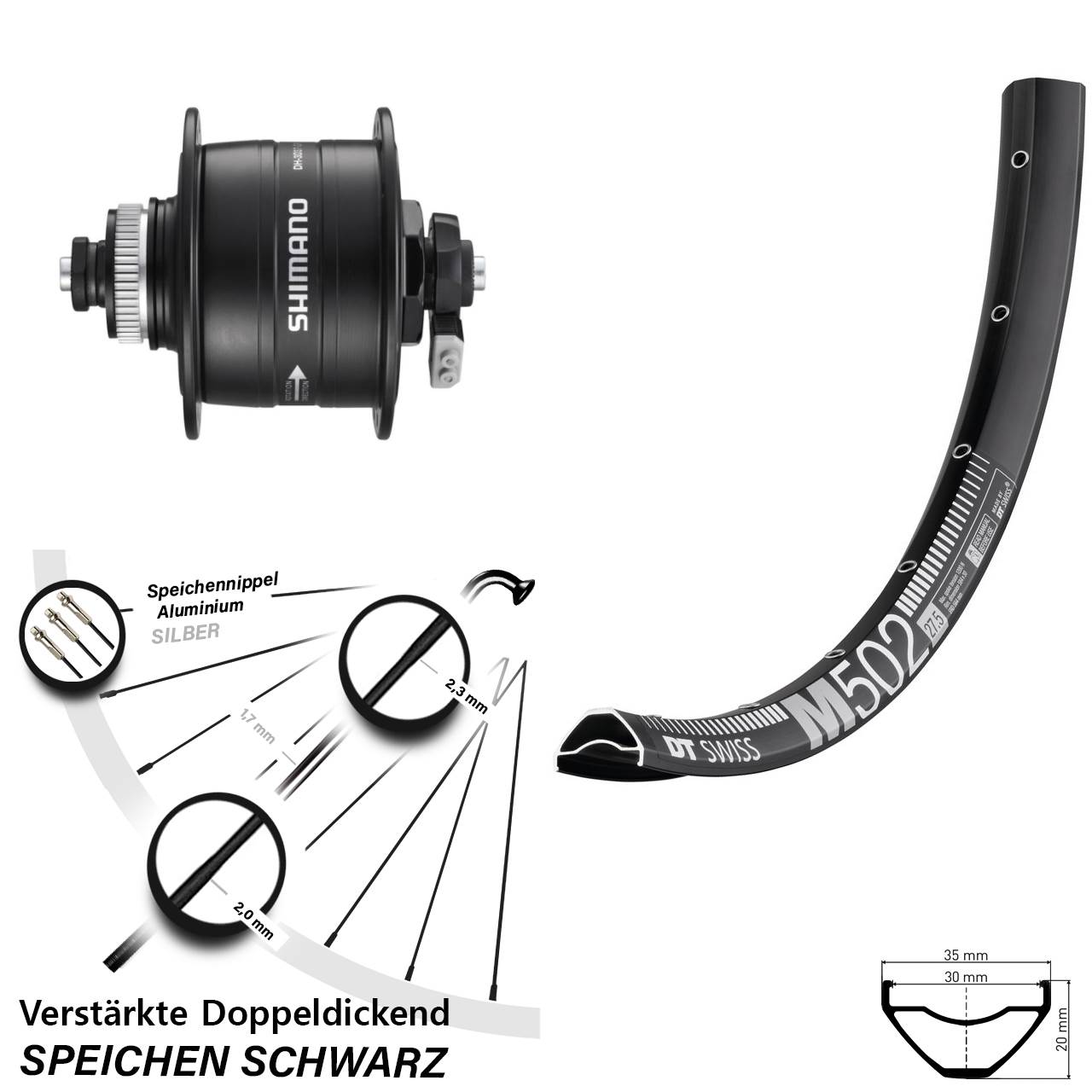 Nabendynamo-Vorderrad Centerlock 29 Zoll DT Swiss M 502 Shimano DH-3D37 für Schnellspanner