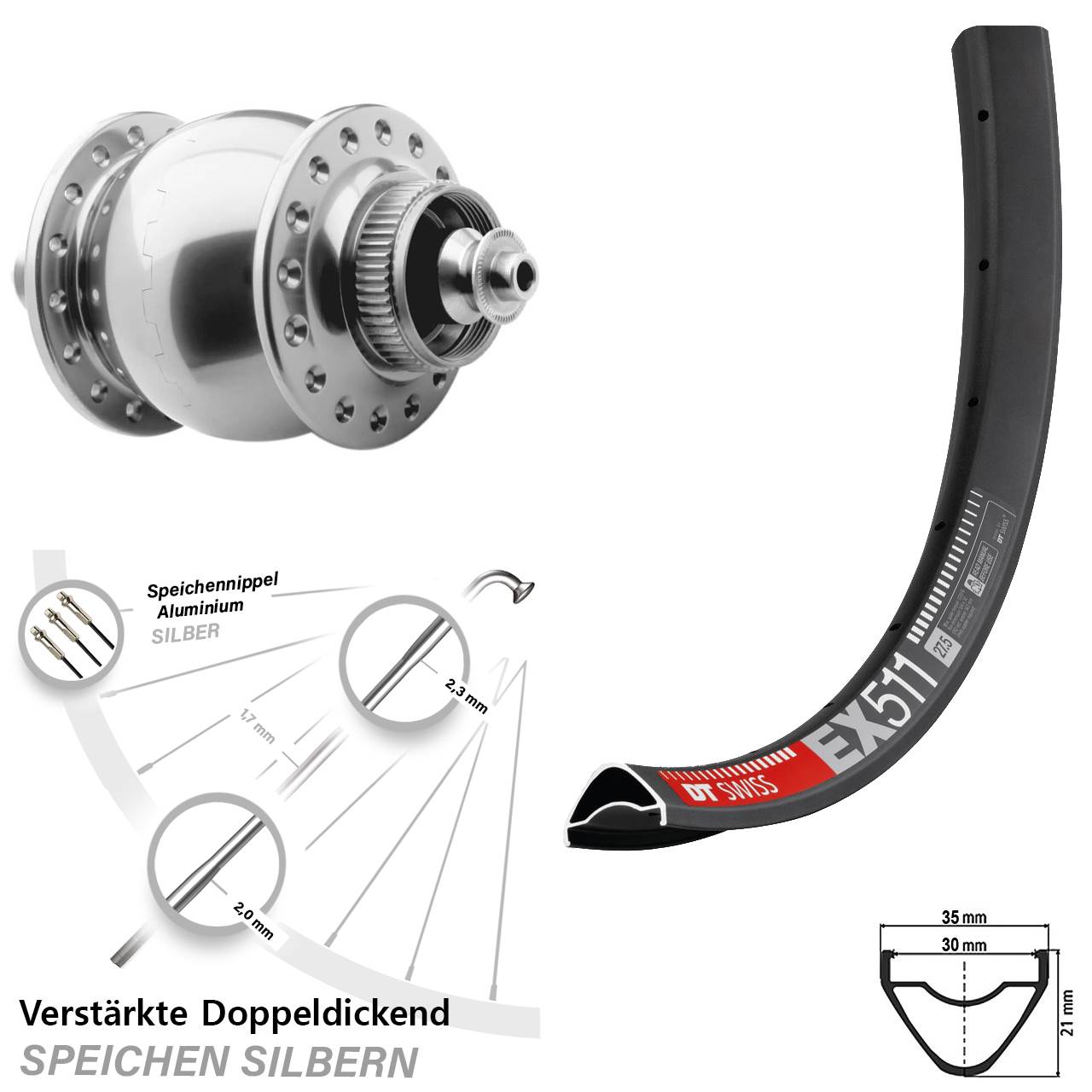 29 Zoll DT Swiss EX511 SON 28 silbern Disc Nabendynamolaufrad für Schnellspanner